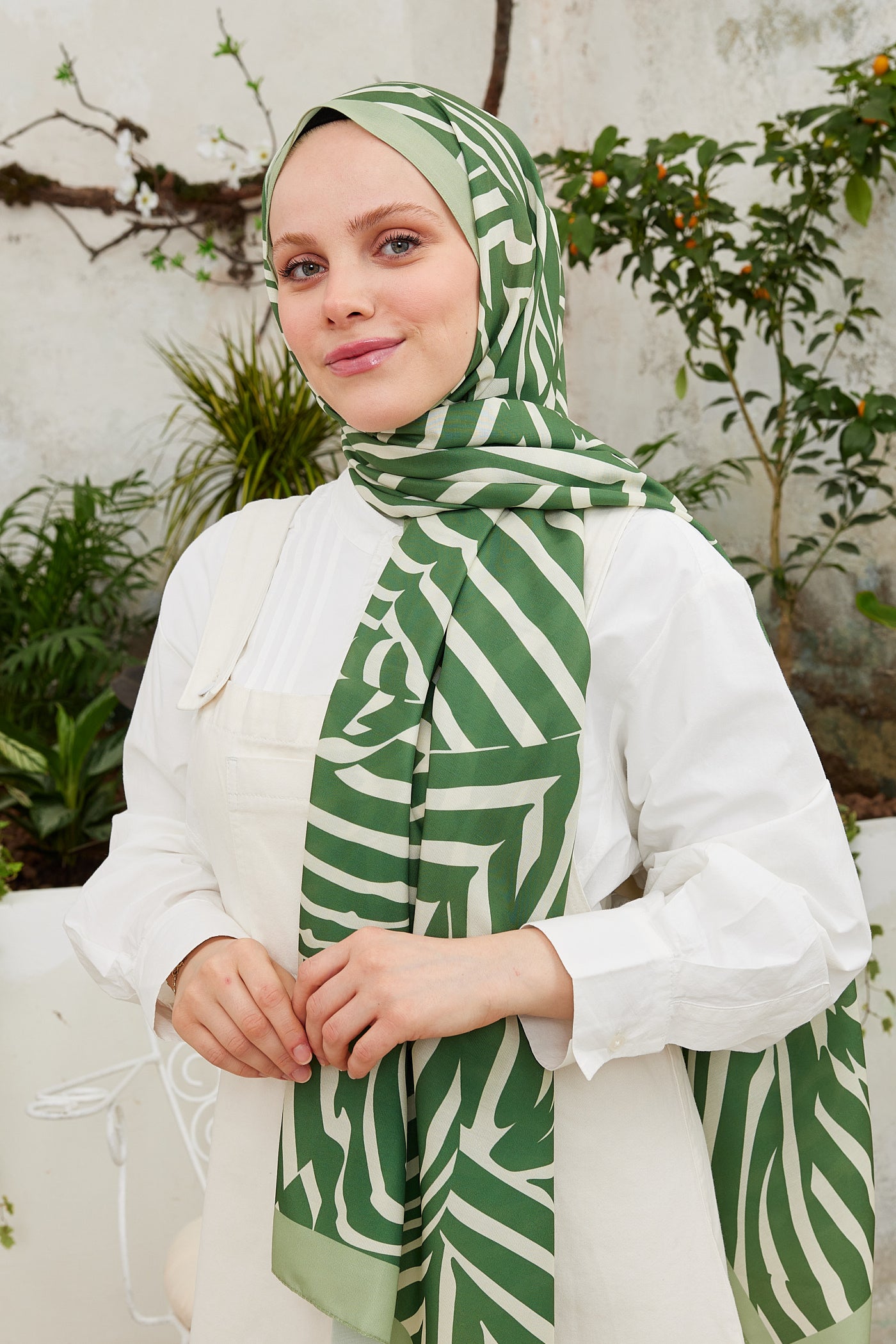 Tesettür Giyim - Pro Line Zebra Desen Şal - Yeşil - Bej - Emproyal