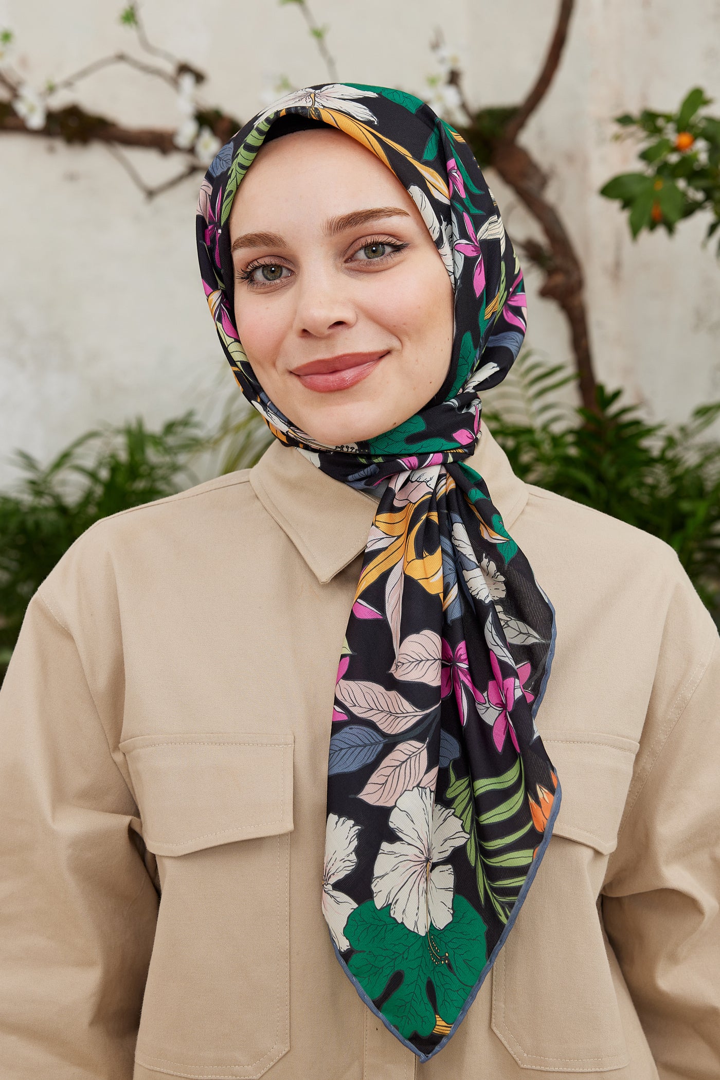 Tesettür Giyim - Pro Line Viola Desen Eşarp - Koyu Yeşil - Turuncu - Emproyal