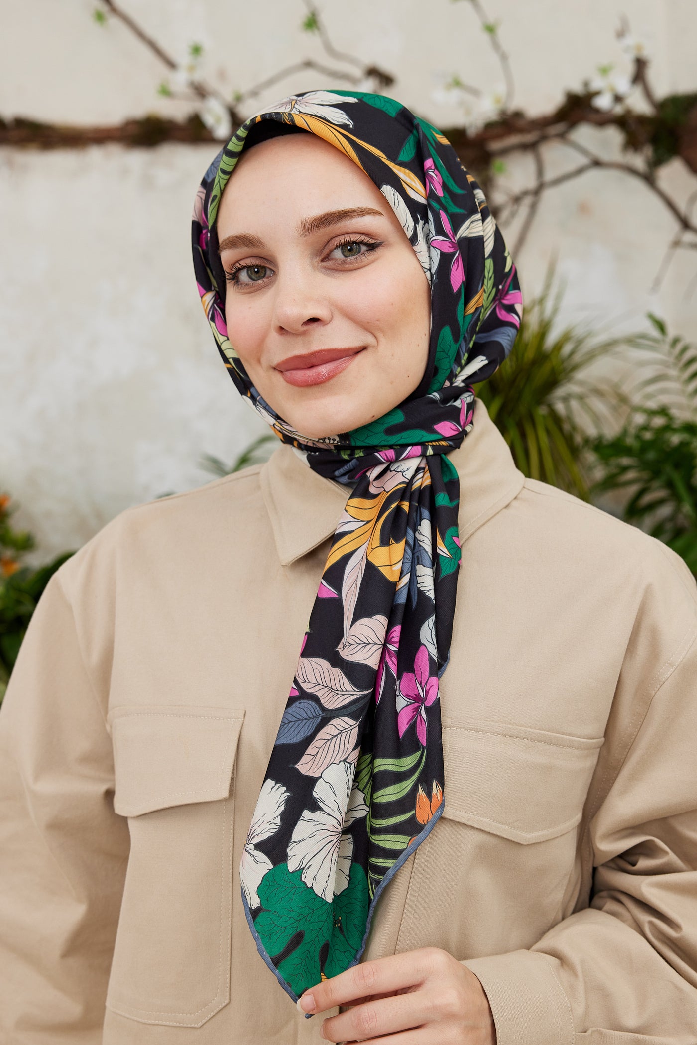 Tesettür Giyim - Pro Line Viola Desen Eşarp - Koyu Yeşil - Turuncu - Emproyal
