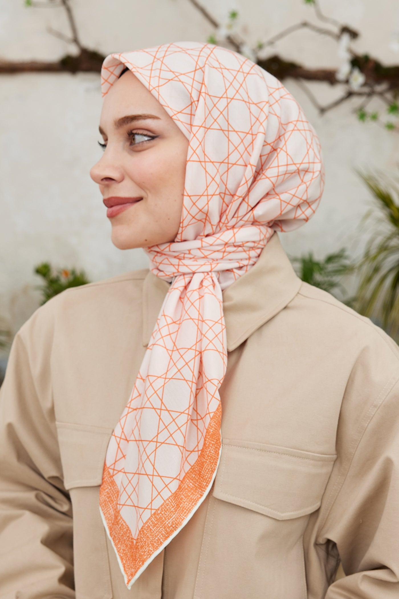 Tesettür Giyim - Pro Line Geometric Desen Eşarp - Turuncu - Emproyal