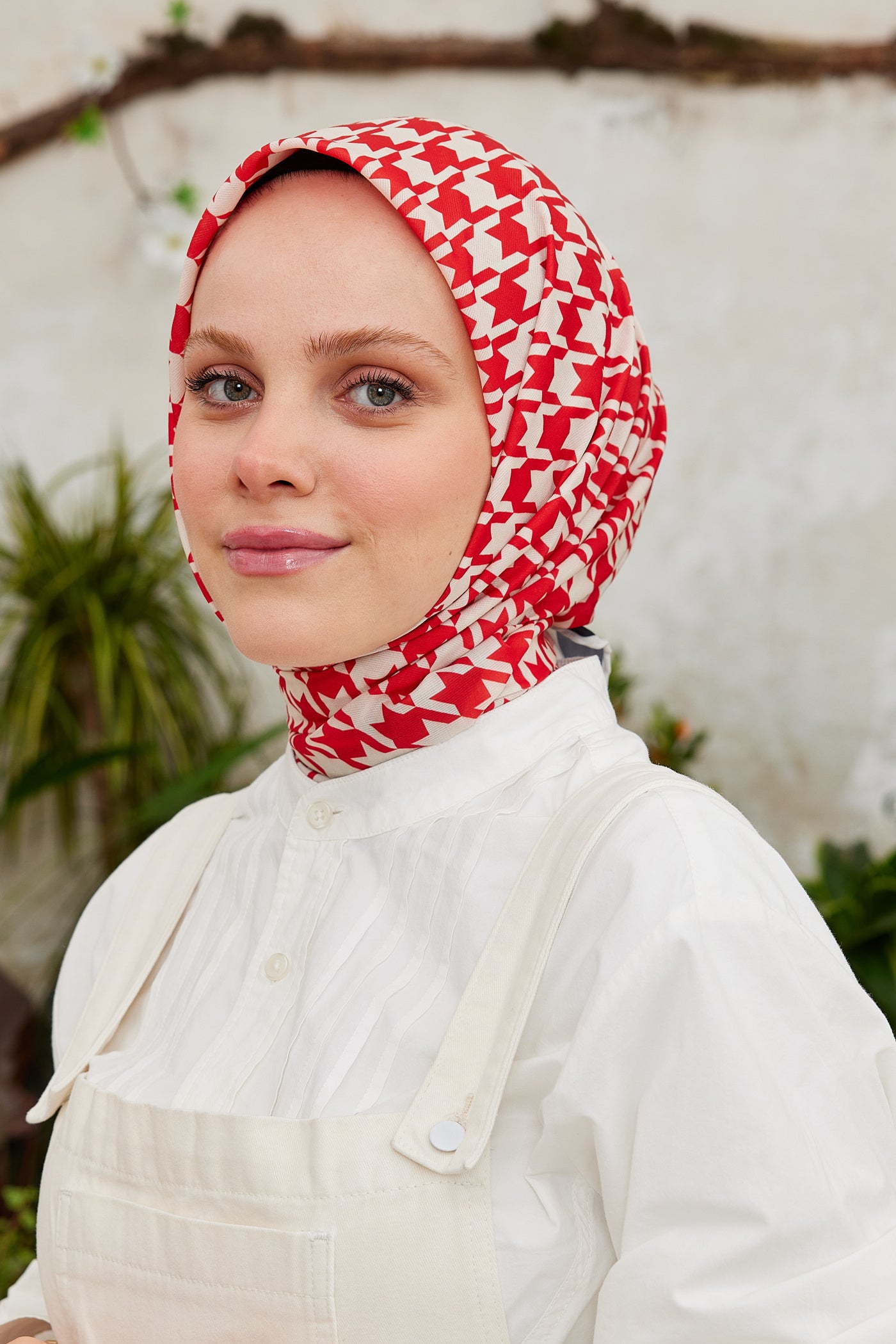 Tesettür Giyim - Pro Line Kazayağı Desen Eşarp - Kırmızı - Bej - Emproyal