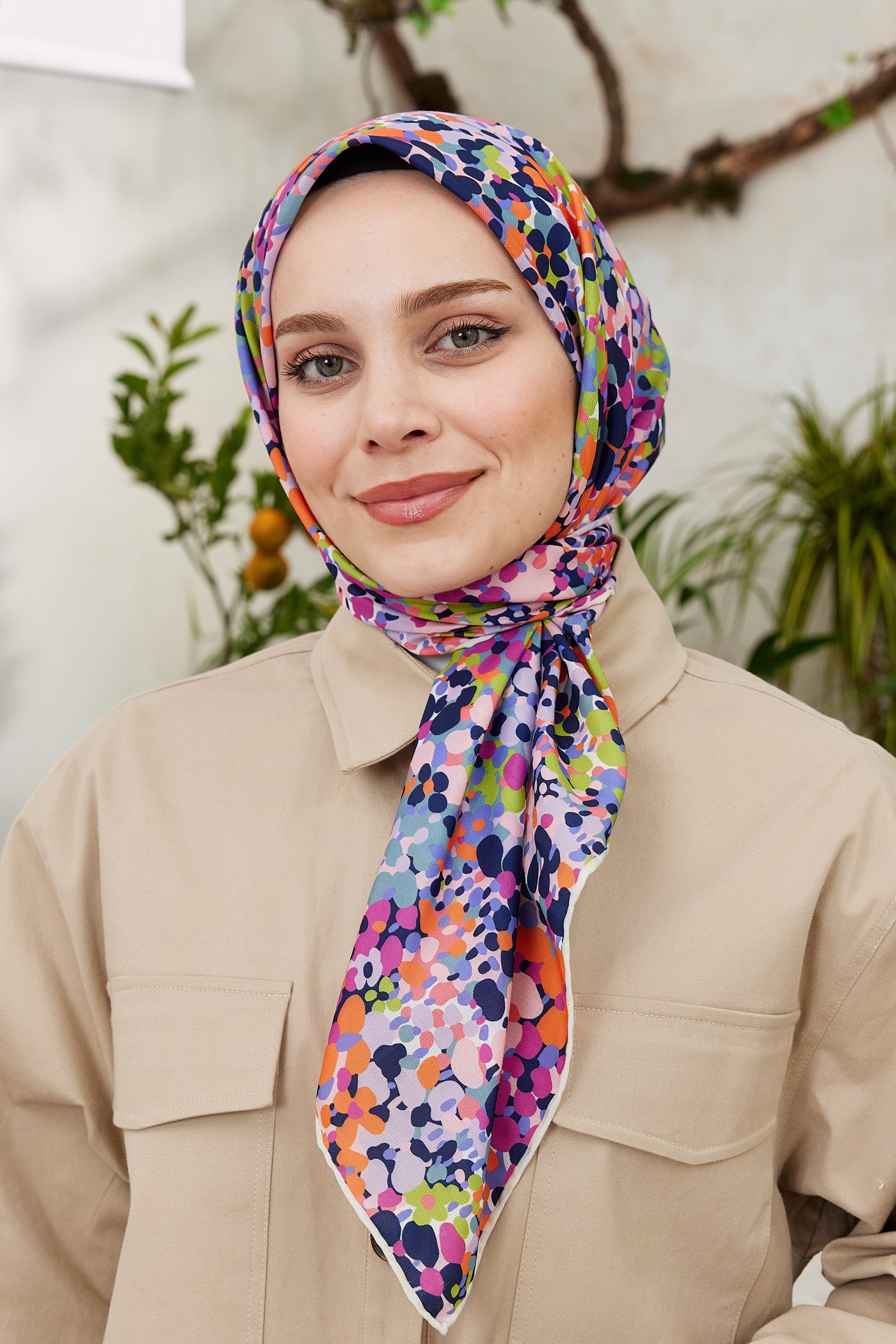 Tesettür Giyim - Pro Line Lavin Desen Eşarp - Lacivert - Fuşya - Emproyal