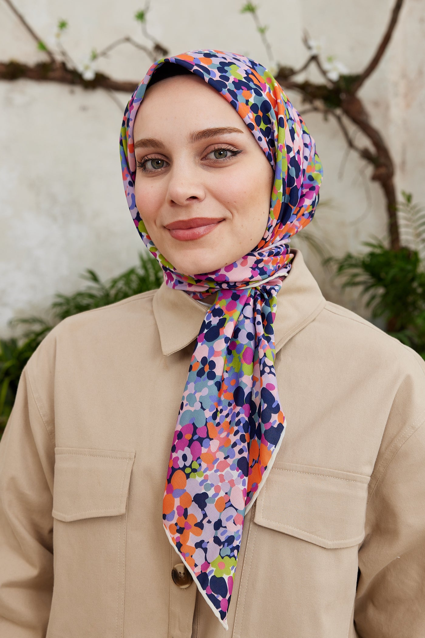 Tesettür Giyim - Pro Line Lavin Desen Eşarp - Lacivert - Fuşya - Emproyal