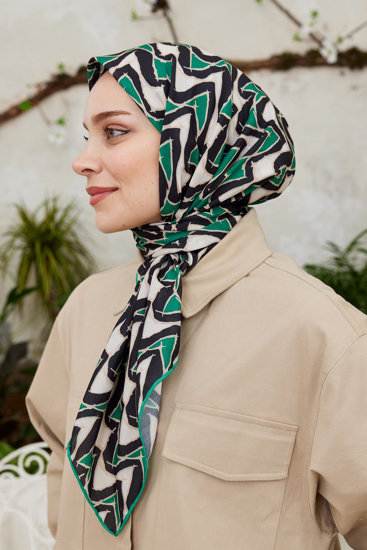 Tesettür Giyim - Pro Line Vera Desen Eşarp - Yeşil - Siyah - Emproyal