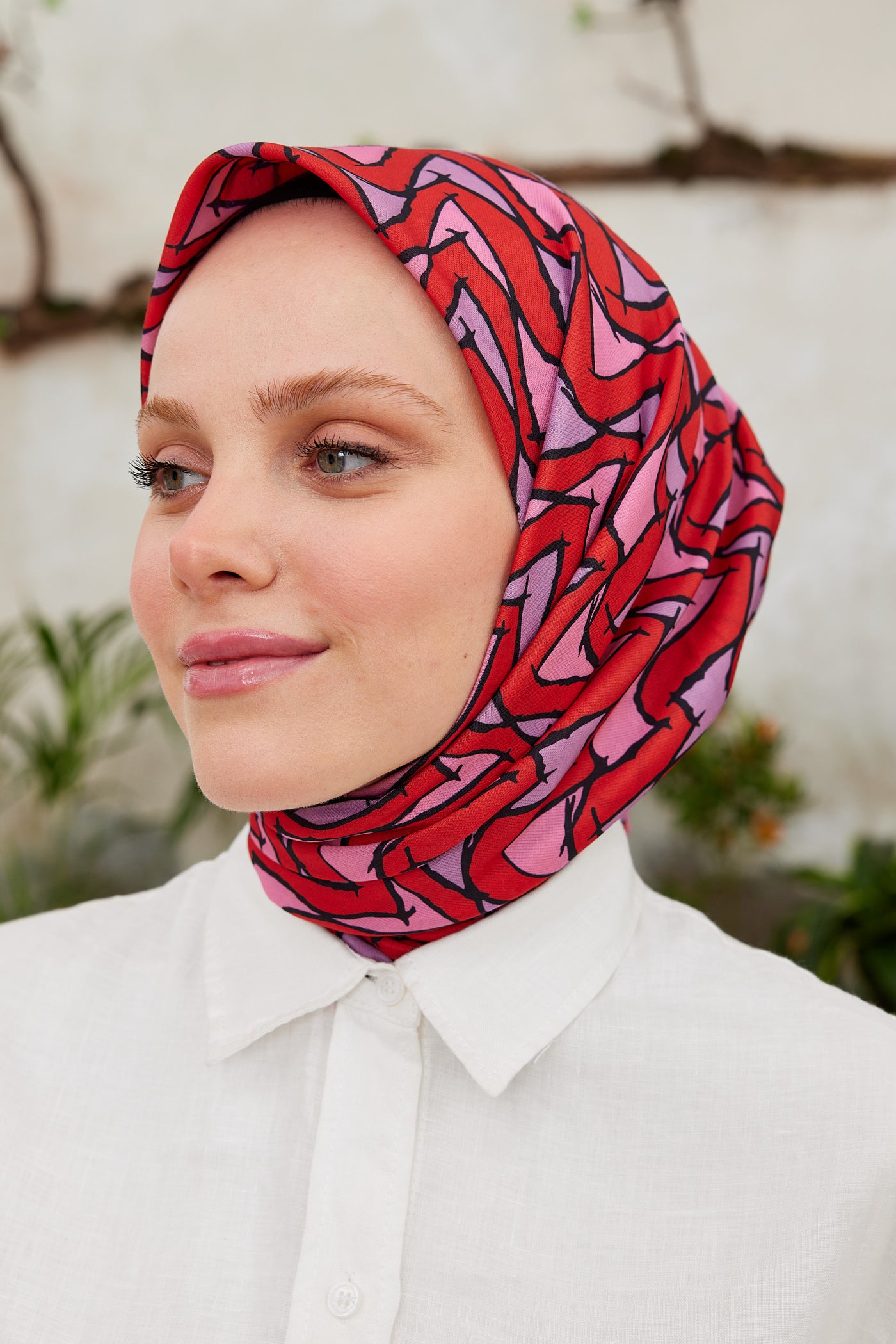 Tesettür Giyim - Pro Line Vera Desen Eşarp - Kırmızı - Pembe - Emproyal