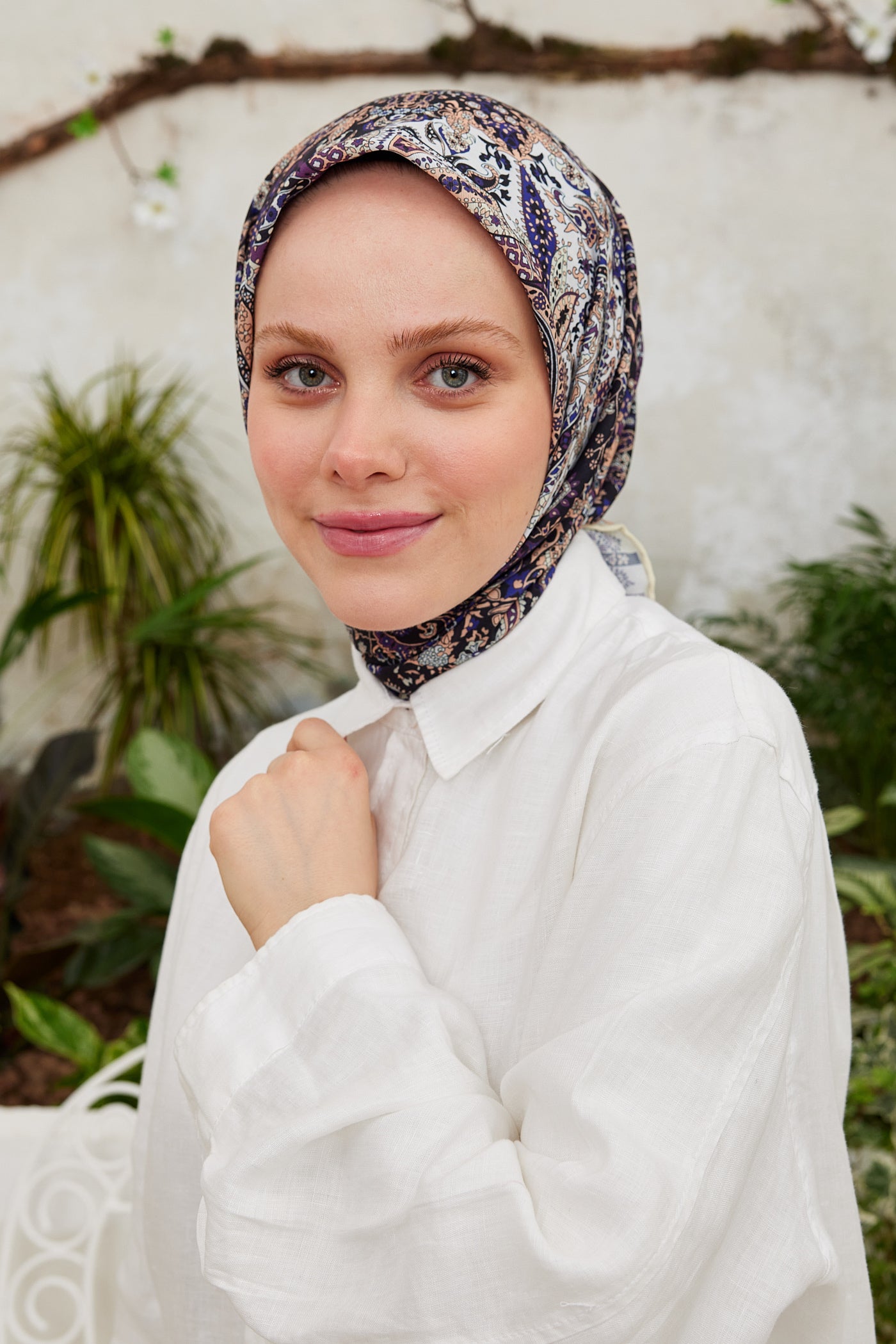 Tesettür Giyim - Pro Line Etnic Desen Eşarp - Beyaz - Mor - Emproyal