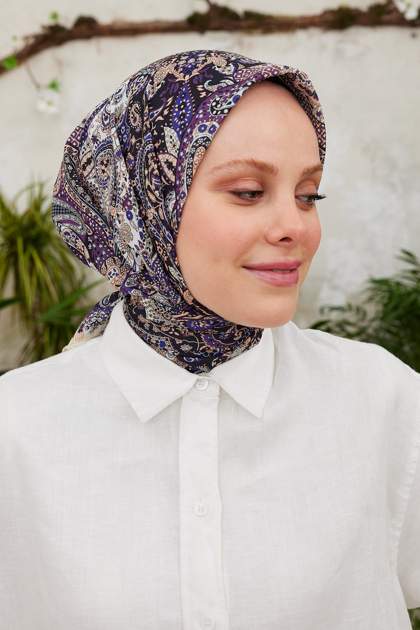 Tesettür Giyim - Pro Line Etnic Desen Eşarp - Beyaz - Mor - Emproyal