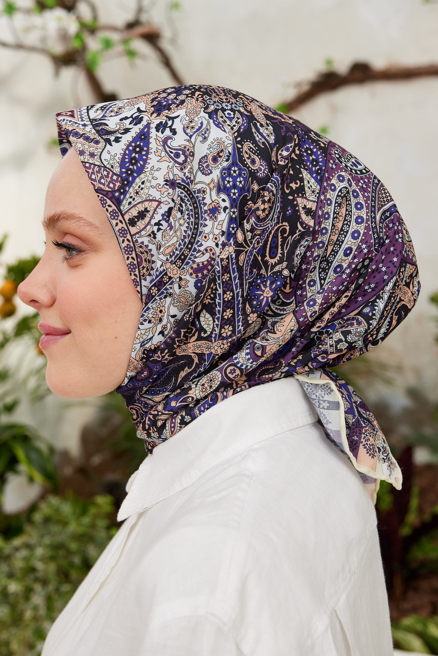 Tesettür Giyim - Pro Line Etnic Desen Eşarp - Beyaz - Mor - Emproyal