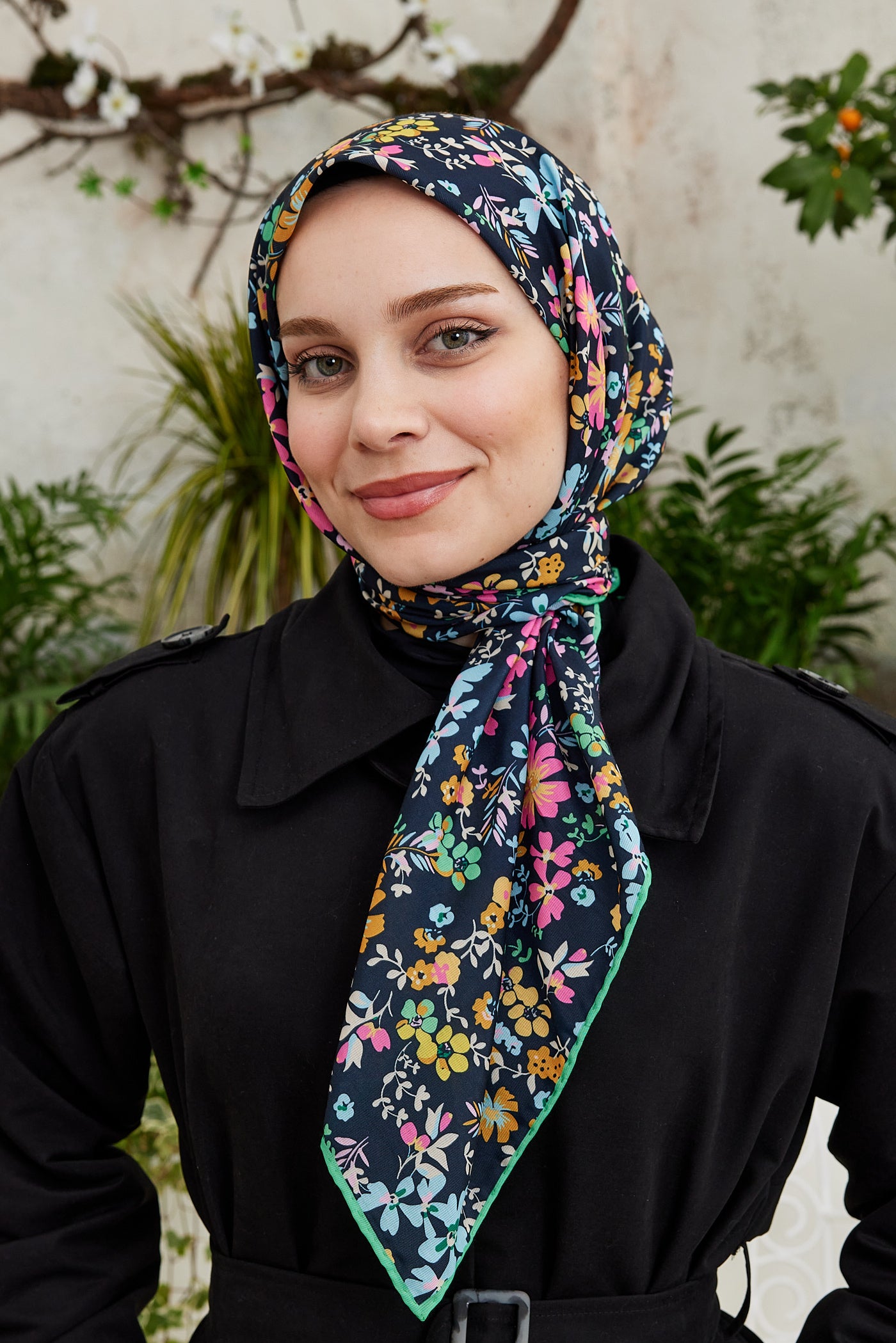 Tesettür Giyim - Pro Line Rosaline Desen Eşarp - Yeşil - Pembe - Emproyal