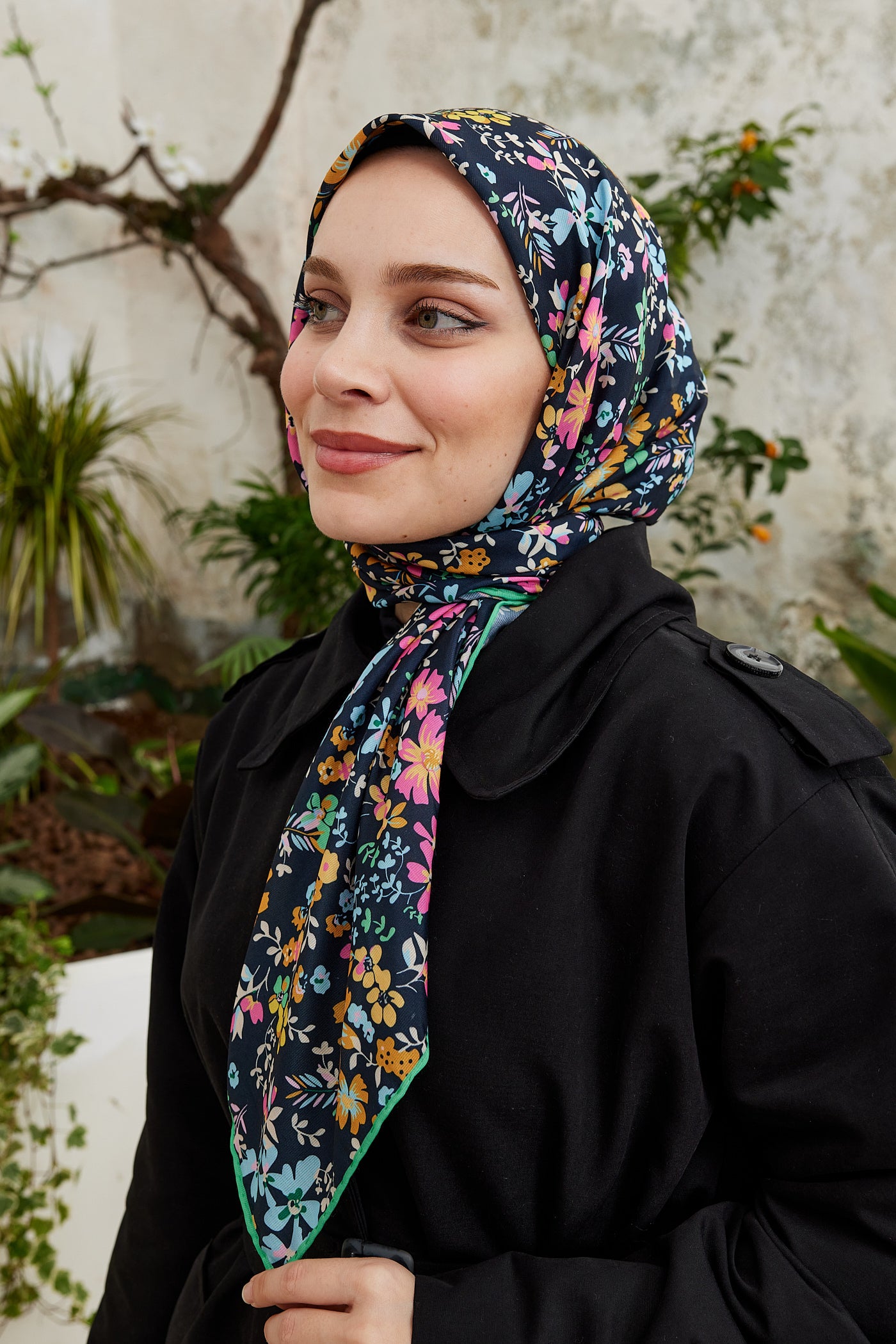 Tesettür Giyim - Pro Line Rosaline Desen Eşarp - Yeşil - Pembe - Emproyal