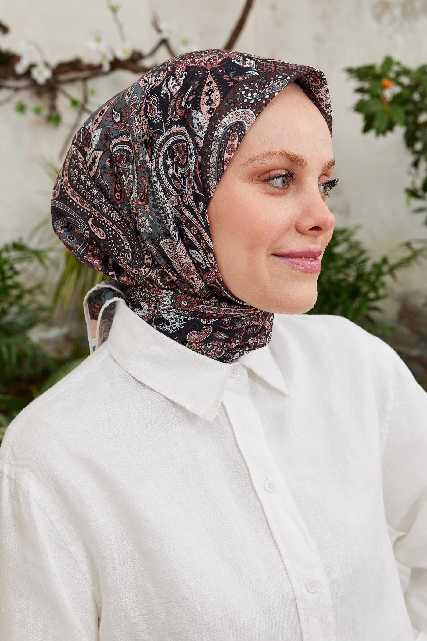 Tesettür Giyim - Pro Line Etnic Desen Eşarp - Gri - Kahve - Emproyal