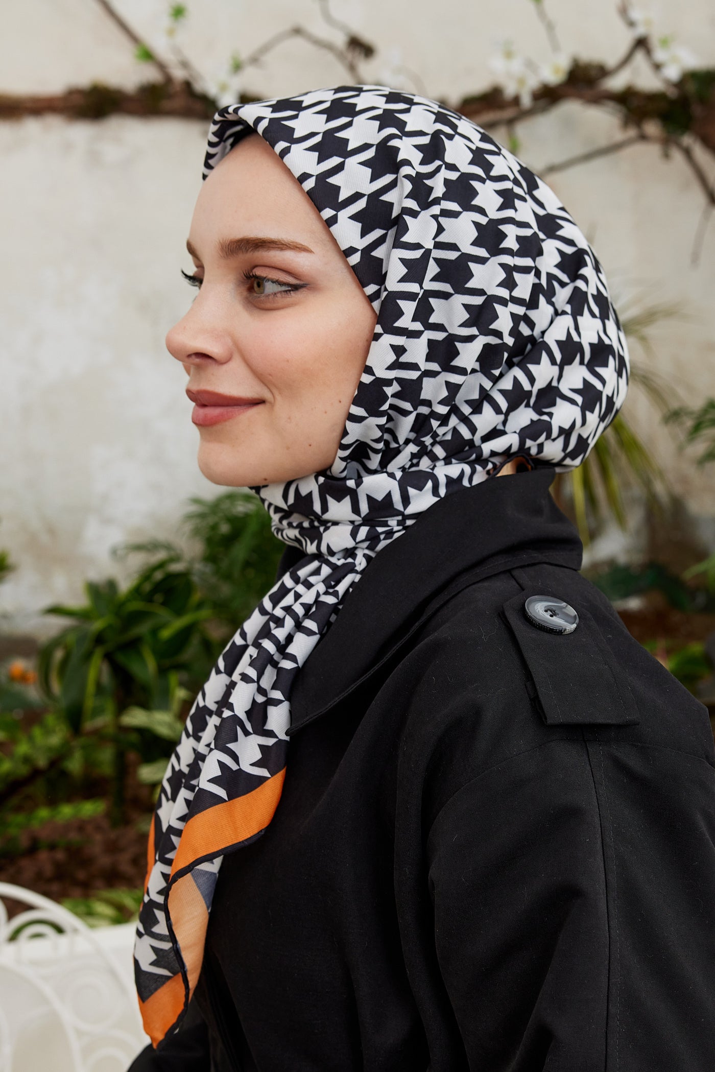 Tesettür Giyim - Pro Line Kazayağı Desen Eşarp - Turuncu - Siyah - Emproyal