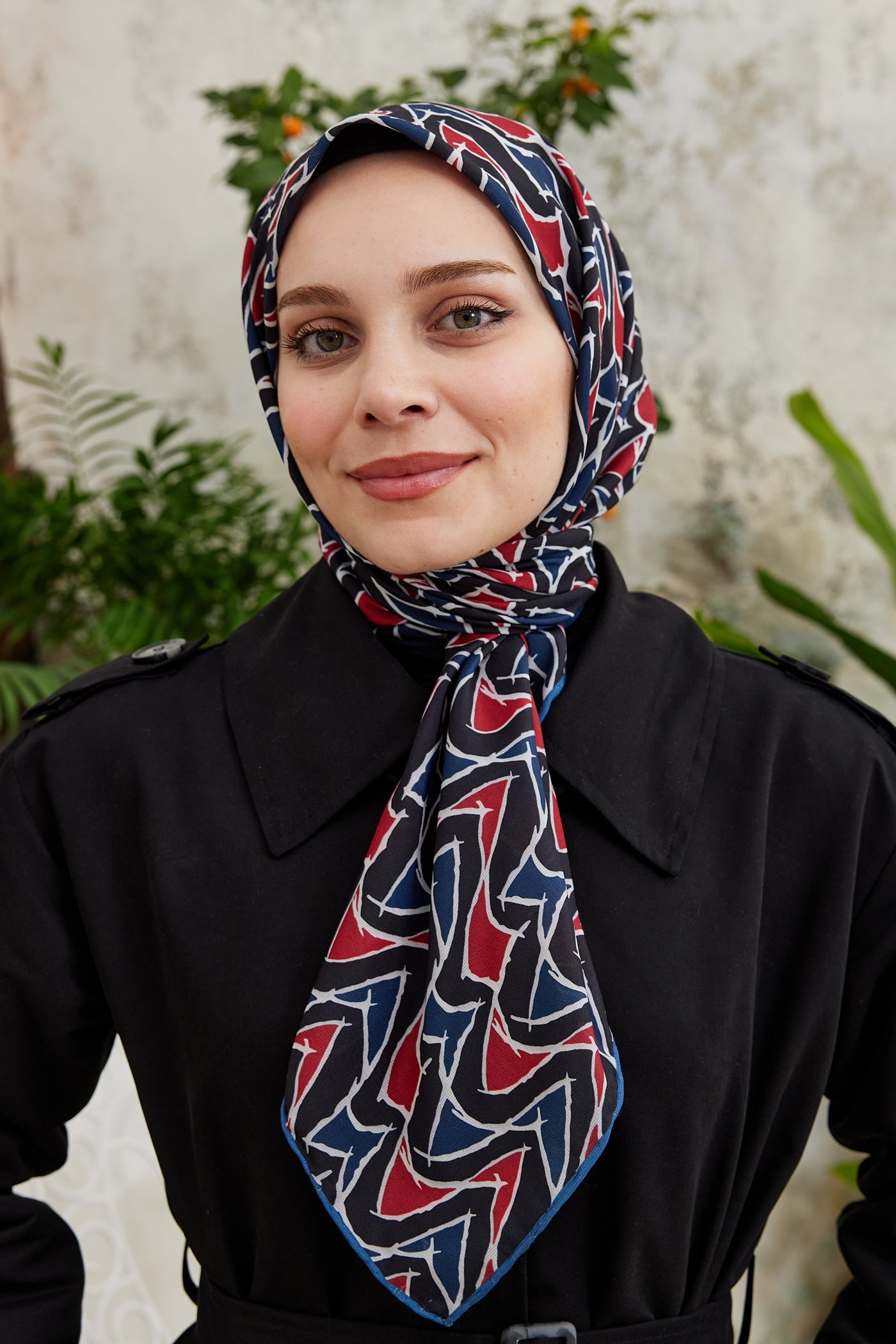 Tesettür Giyim - Pro Line Vera Desen Eşarp - Lacivert - Kırmızı - Emproyal