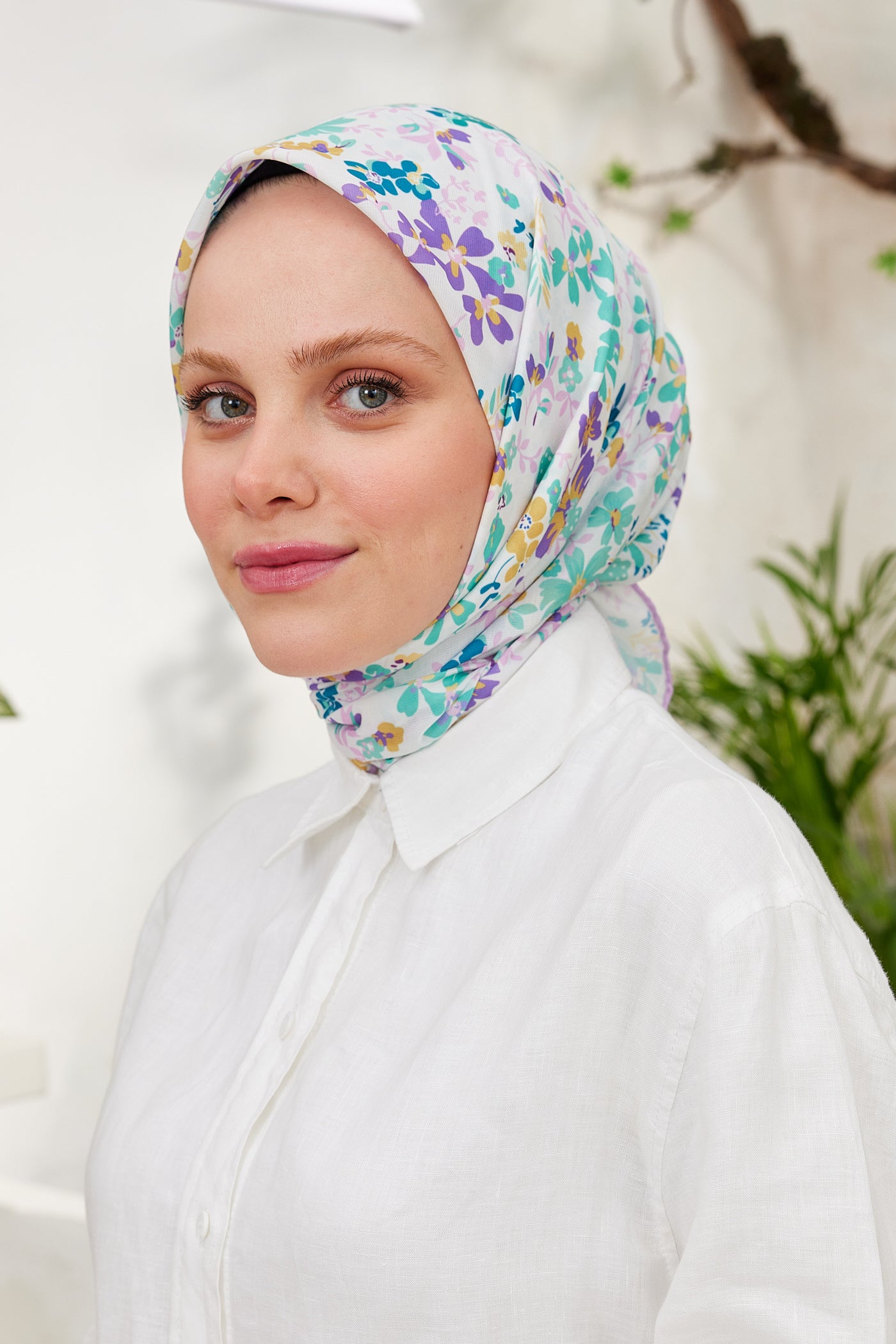 Tesettür Giyim - Pro Line Rosaline Desen Eşarp - Turkuaz - Mor - Emproyal