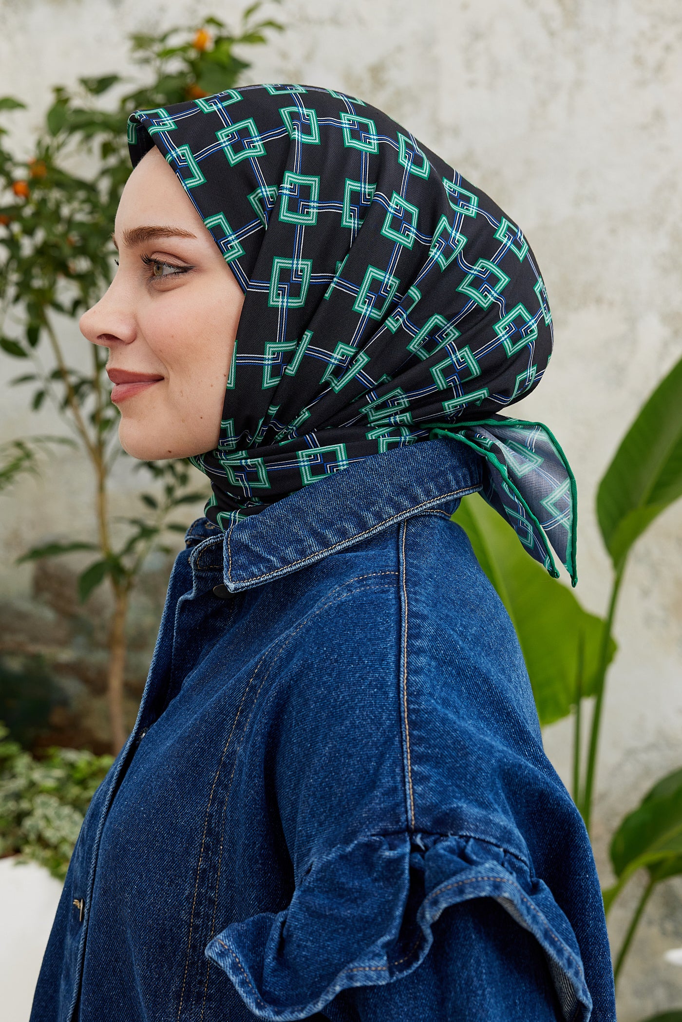 Tesettür Giyim - Pro Line Clara Desen Eşarp - Siyah - Yeşil - Emproyal