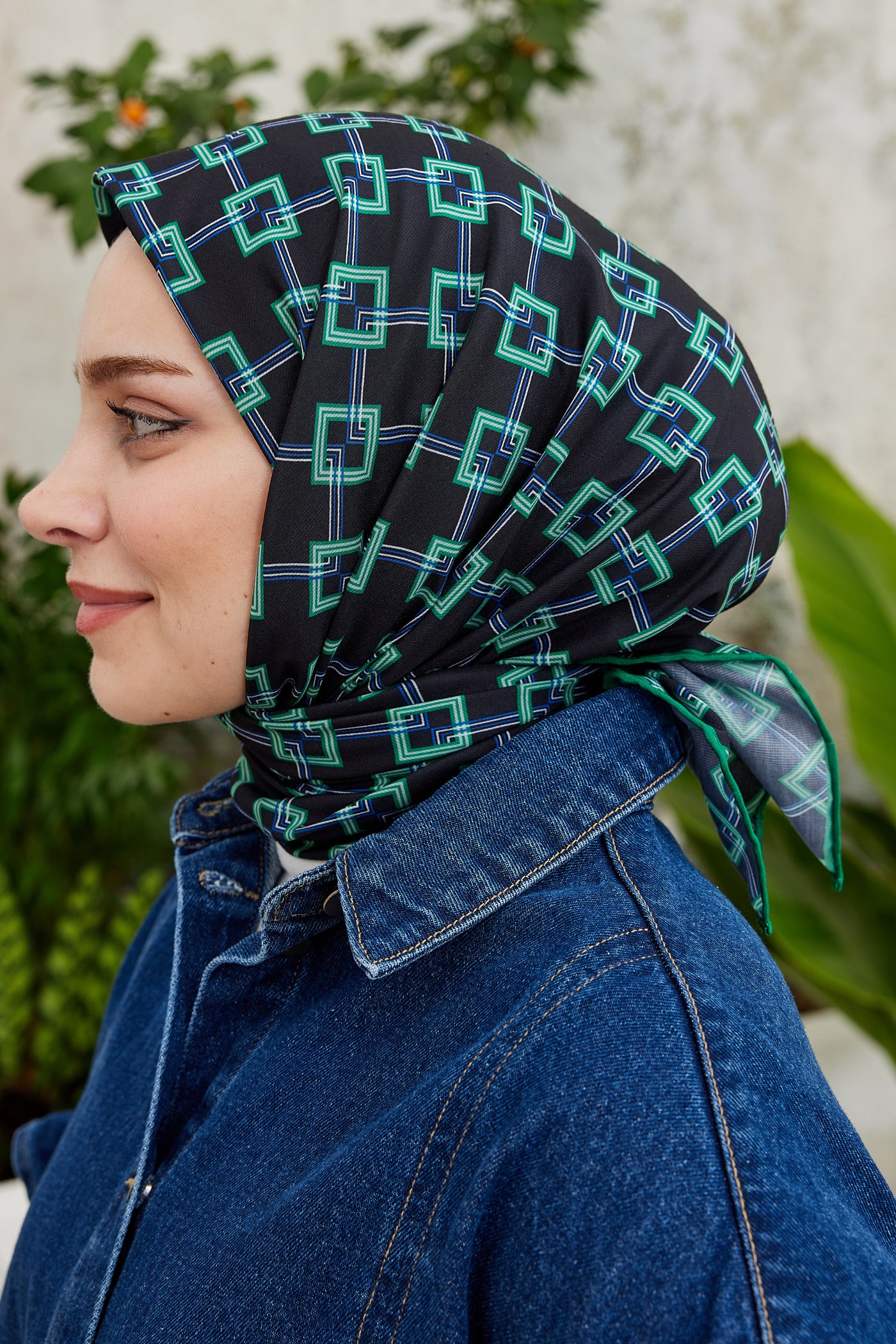 Tesettür Giyim - Pro Line Clara Desen Eşarp - Siyah - Yeşil - Emproyal