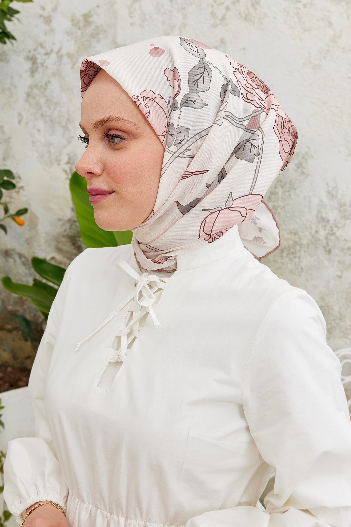 Tesettür Giyim - Pro Line Olivia Desen Eşarp - Gül Kurusu - Krem - Emproyal