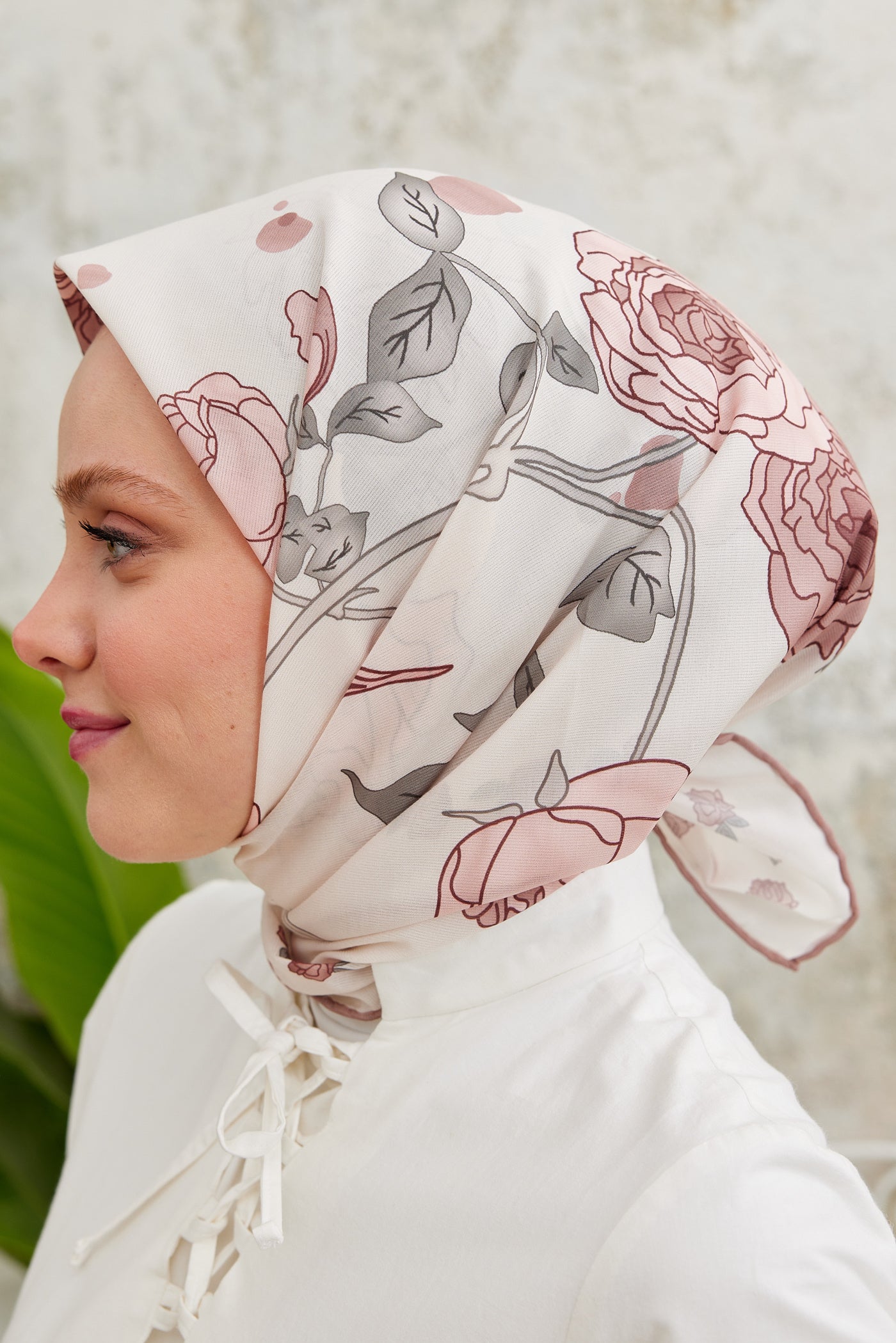 Tesettür Giyim - Pro Line Olivia Desen Eşarp - Gül Kurusu - Krem - Emproyal