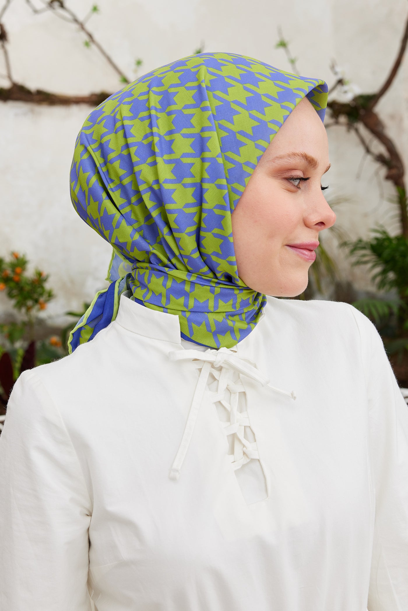 Tesettür Giyim - Pro Line Kazayağı Desen Eşarp - Yağ Yeşili - Mor - Emproyal