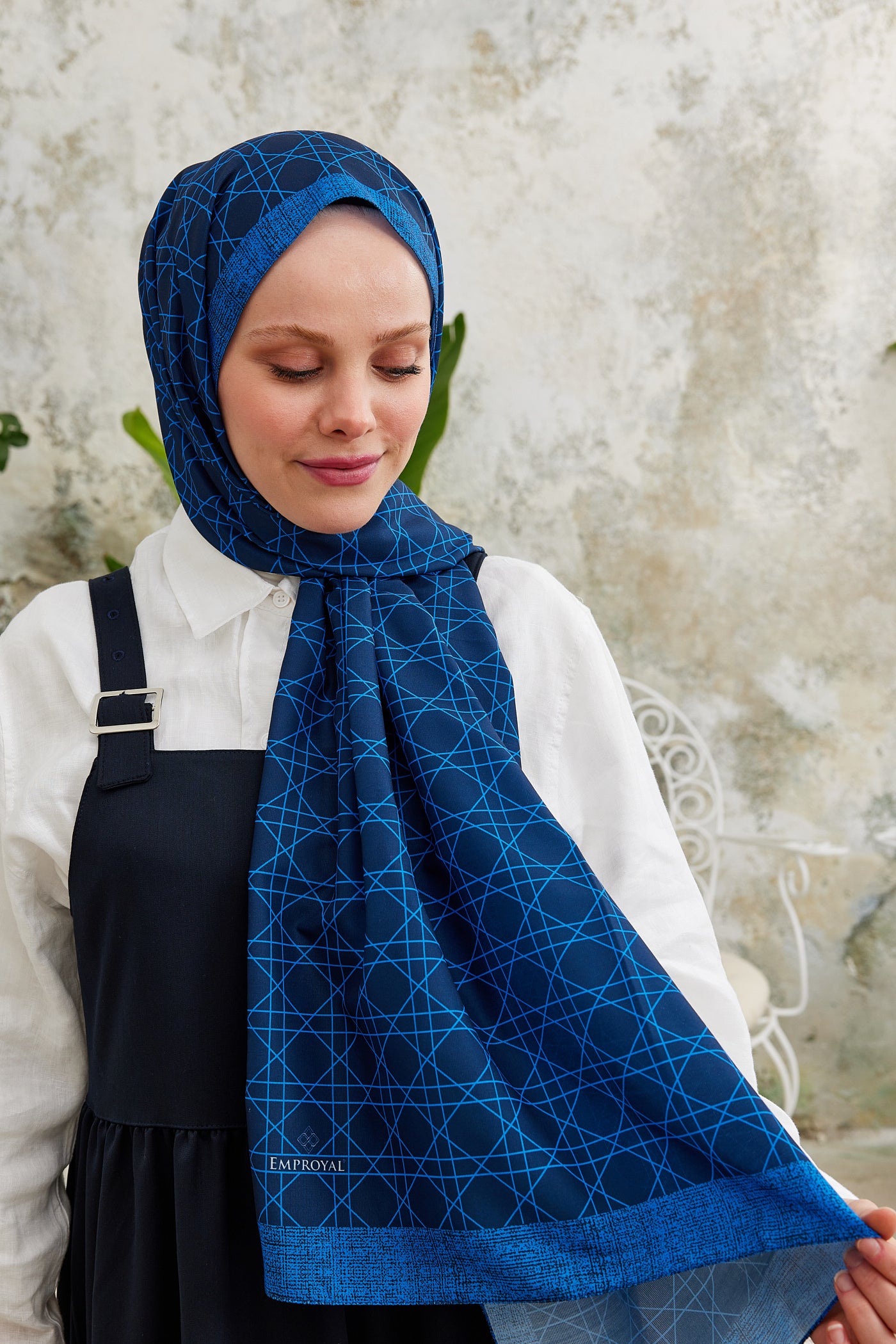 Tesettür Giyim - Pro Line Geometric Desen Şal - Saks - Mavi - Emproyal