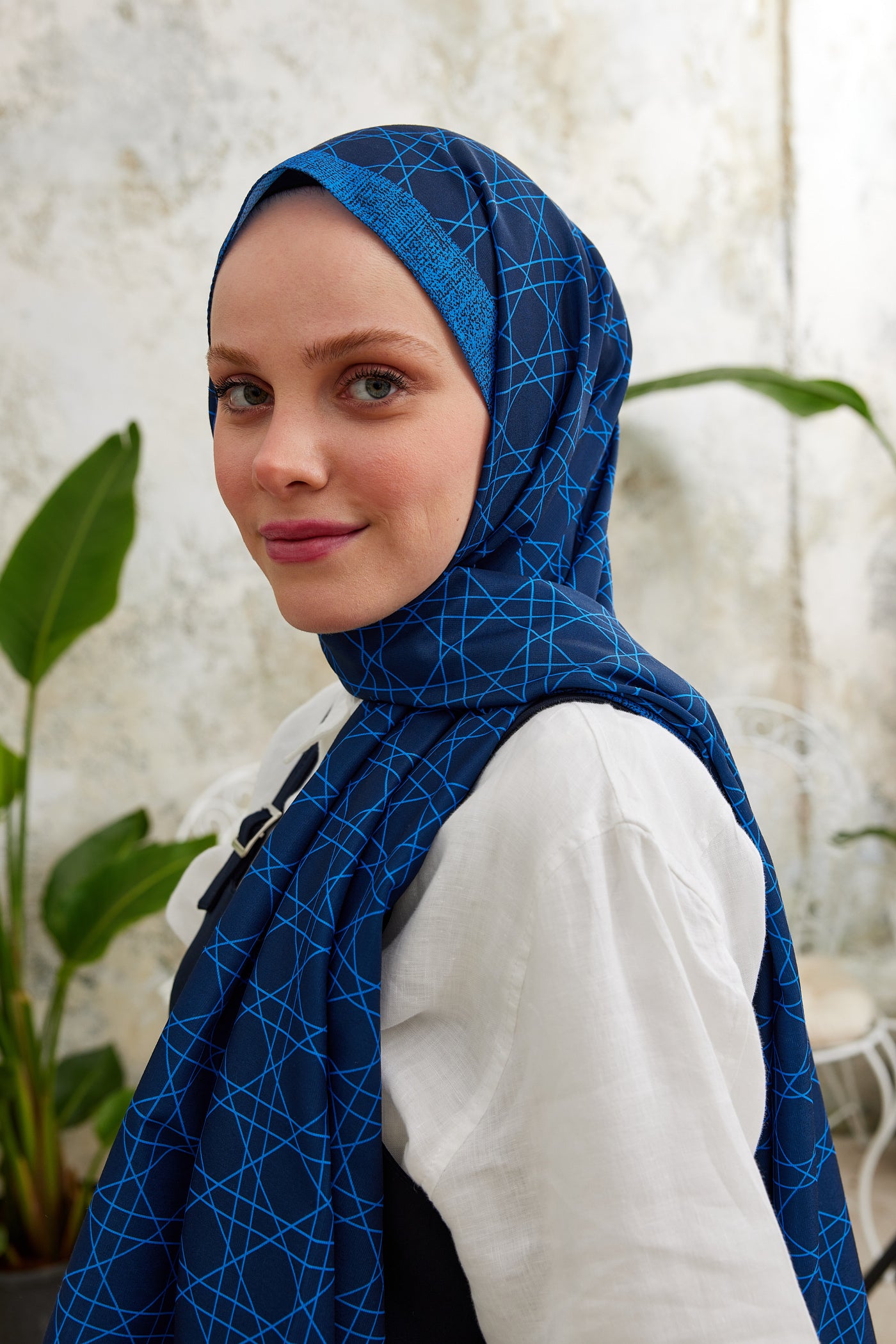 Tesettür Giyim - Pro Line Geometric Desen Şal - Saks - Mavi - Emproyal