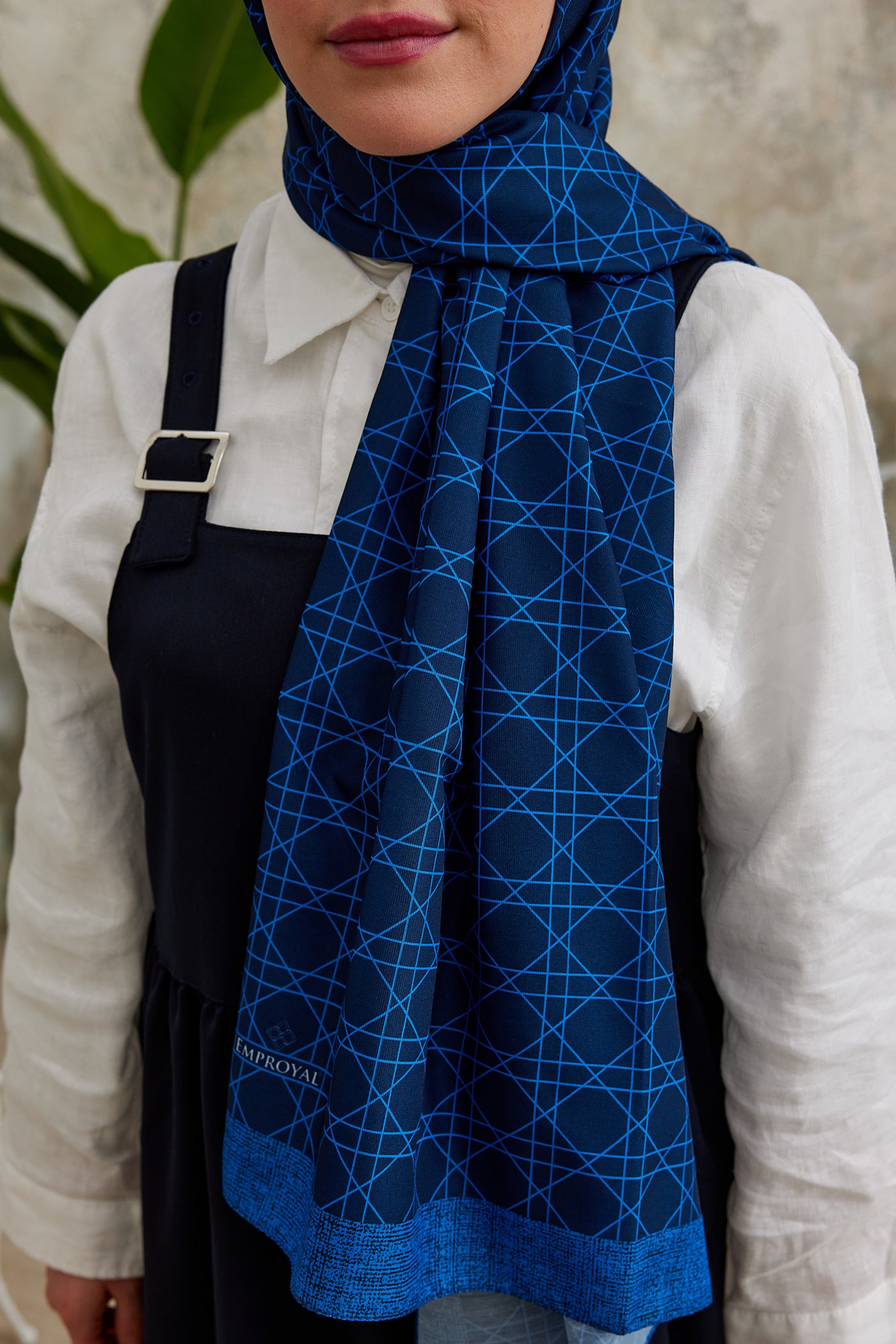 Tesettür Giyim - Pro Line Geometric Desen Şal - Saks - Mavi - Emproyal