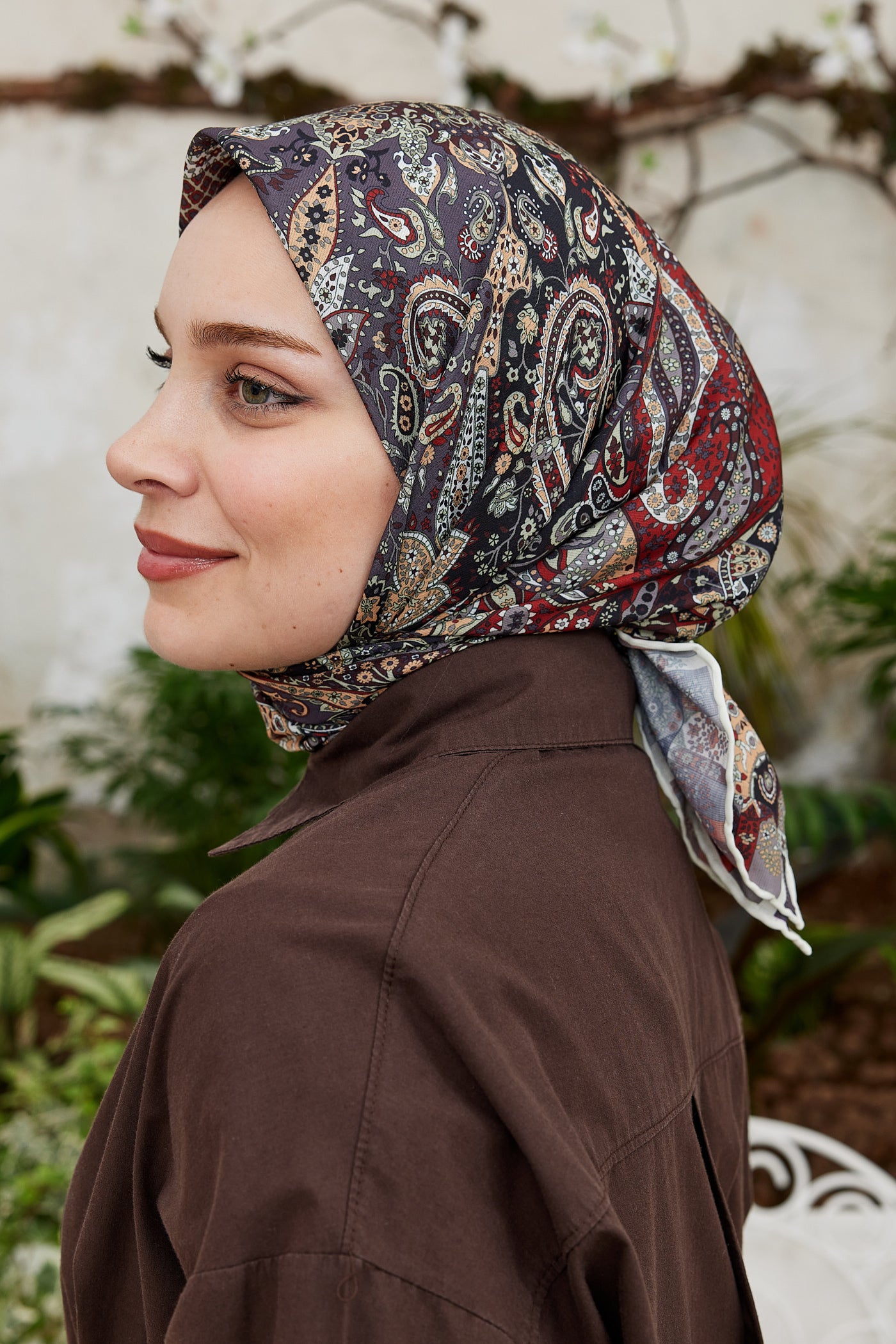 Tesettür Giyim - Pro Line Etnic Desen Eşarp - Bordo - Füme - Emproyal