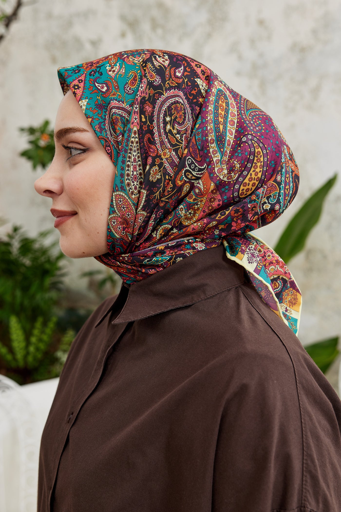 Tesettür Giyim - Pro Line Etnic Desen Eşarp - Turkuaz - Mor - Emproyal