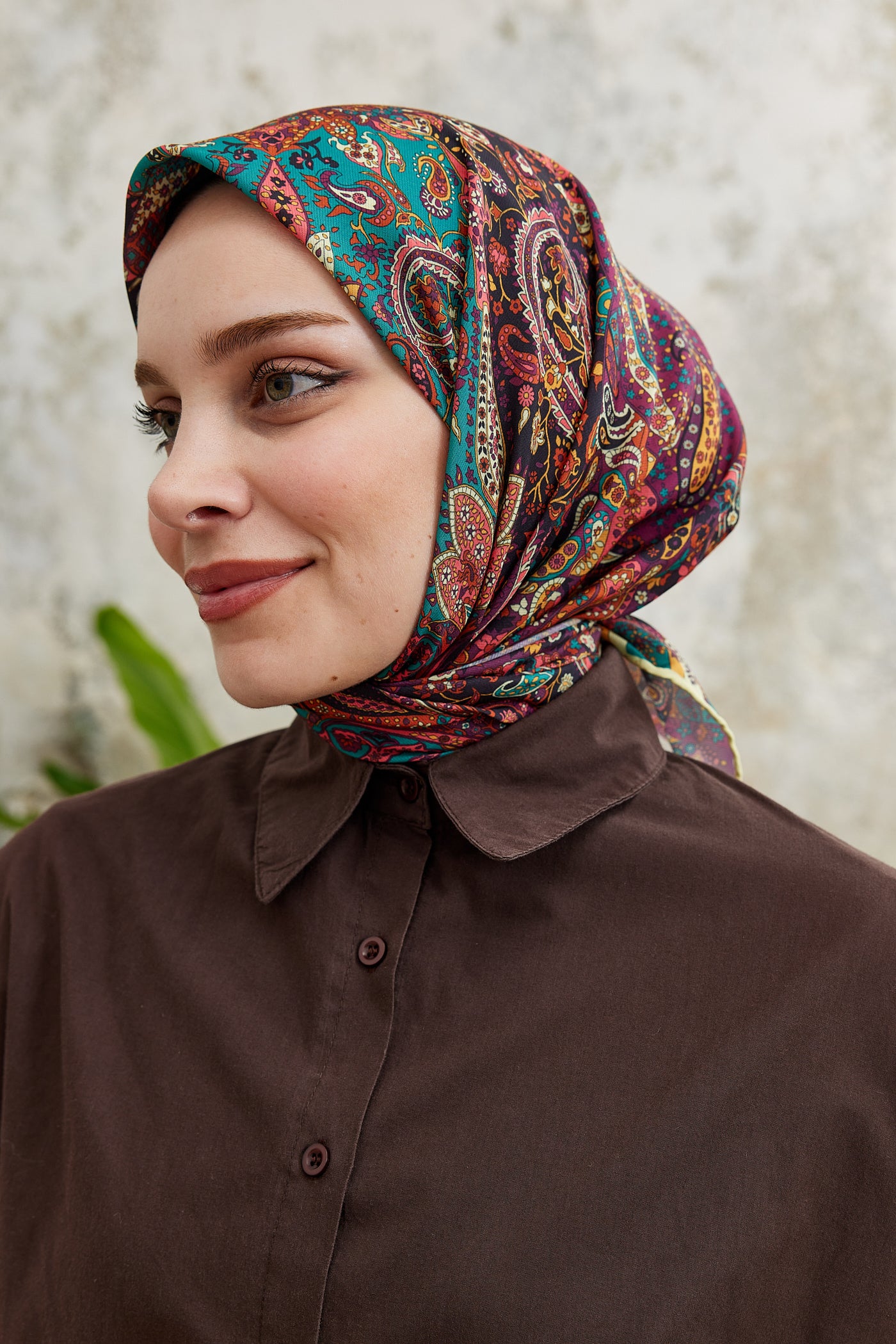 Tesettür Giyim - Pro Line Etnic Desen Eşarp - Turkuaz - Mor - Emproyal