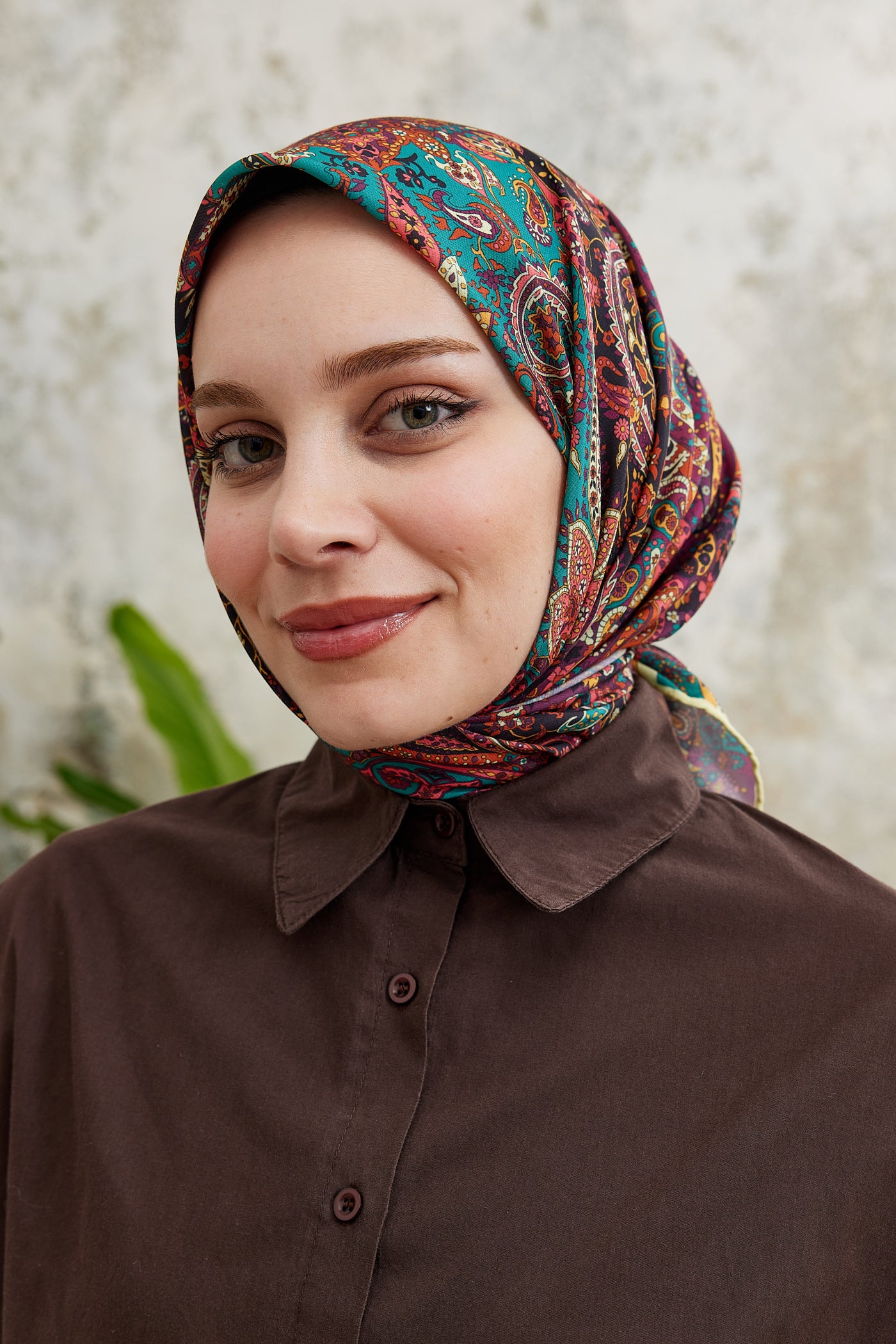 Tesettür Giyim - Pro Line Etnic Desen Eşarp - Turkuaz - Mor - Emproyal