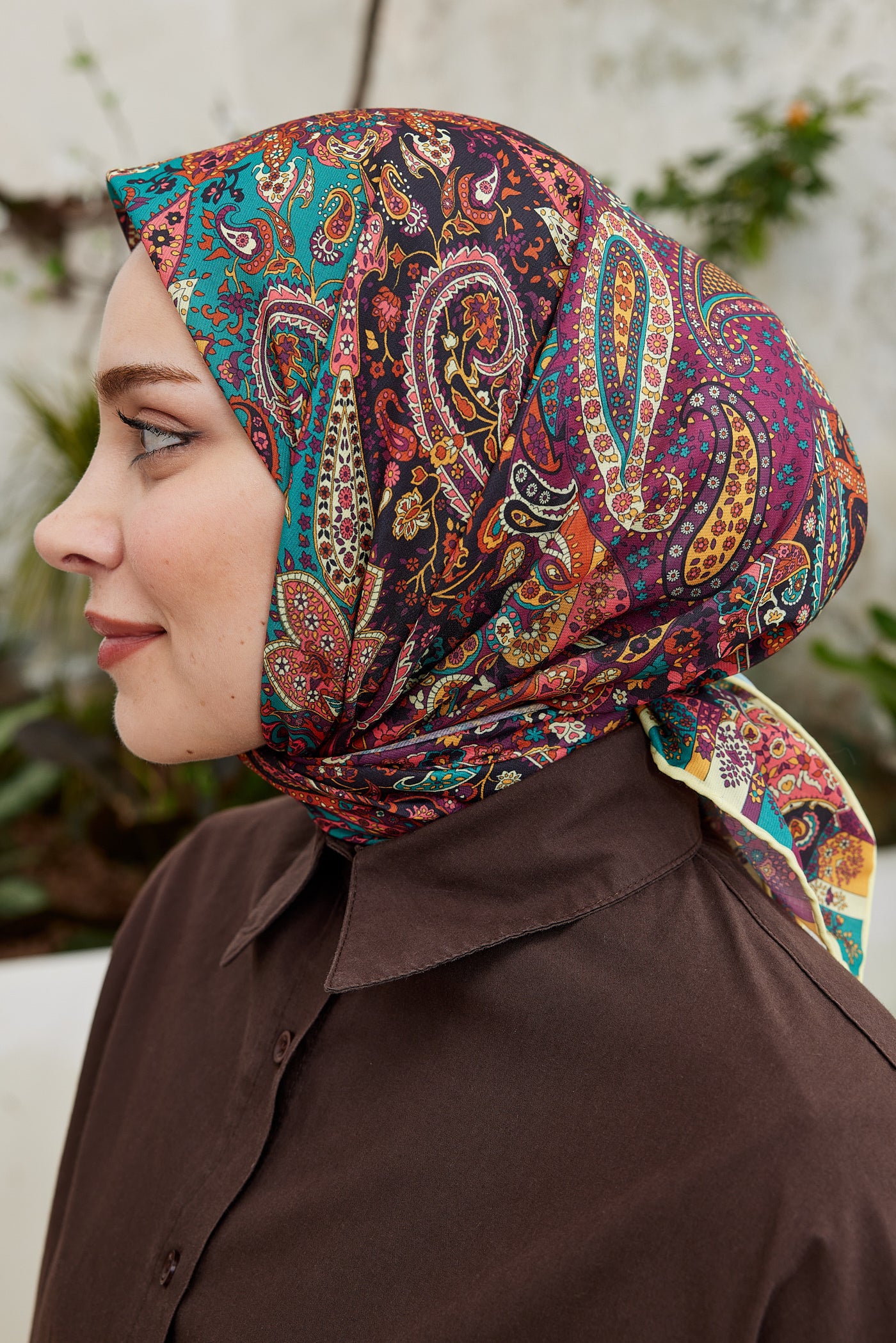 Tesettür Giyim - Pro Line Etnic Desen Eşarp - Turkuaz - Mor - Emproyal