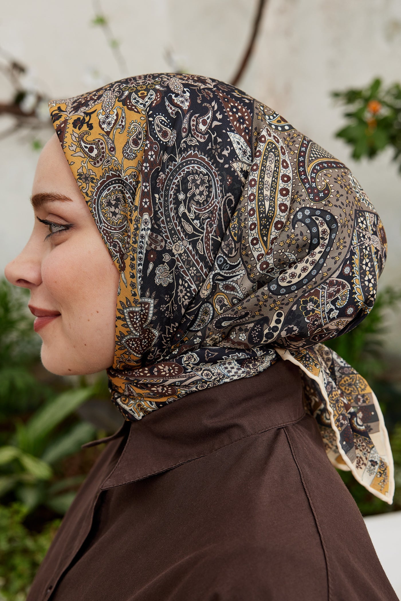 Tesettür Giyim - Pro Line Etnic Desen Eşarp - Kahverengi - Hardal - Emproyal