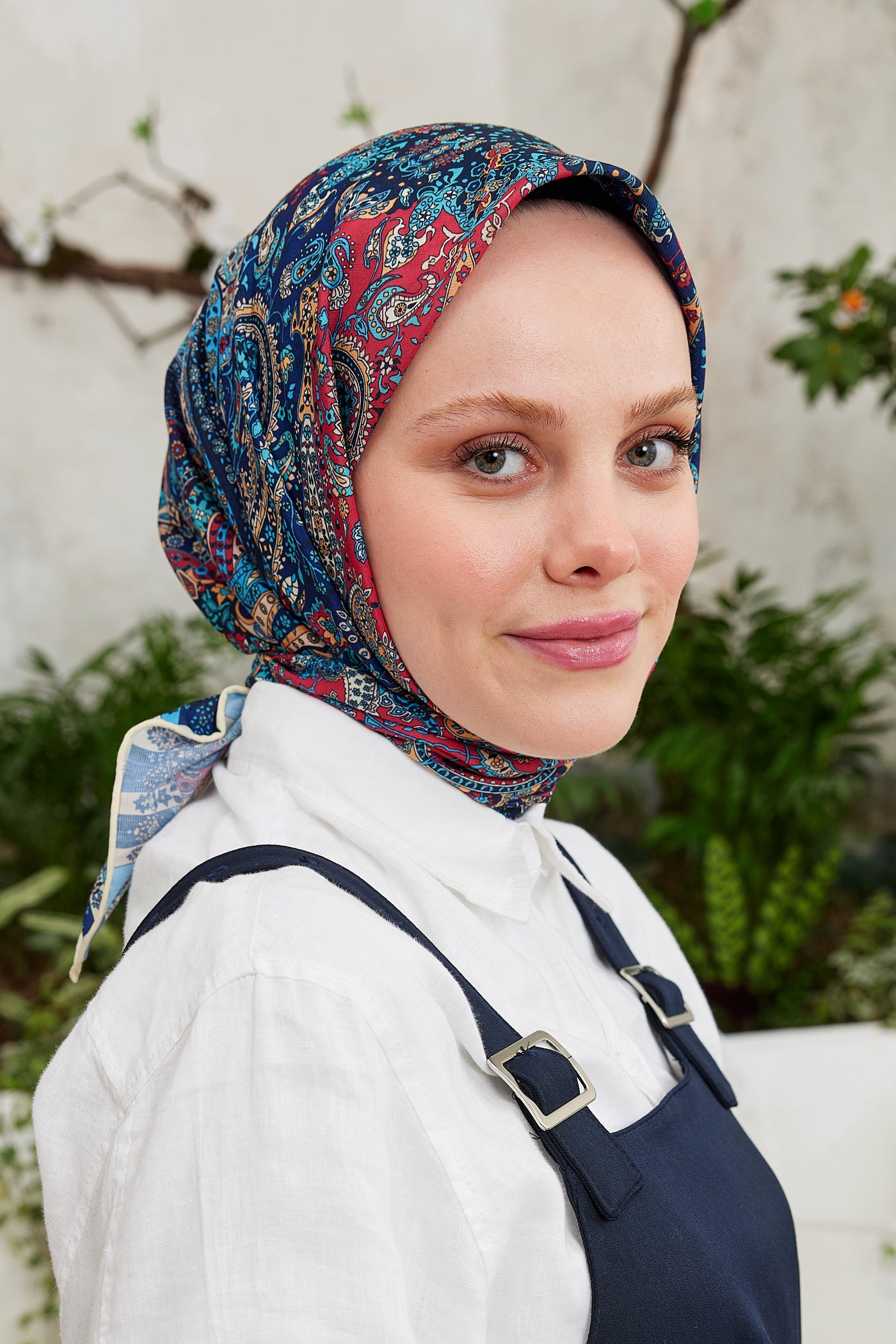 Tesettür Giyim - Pro Line Etnic Desen Eşarp - Kırmızı - Lacivert - Emproyal