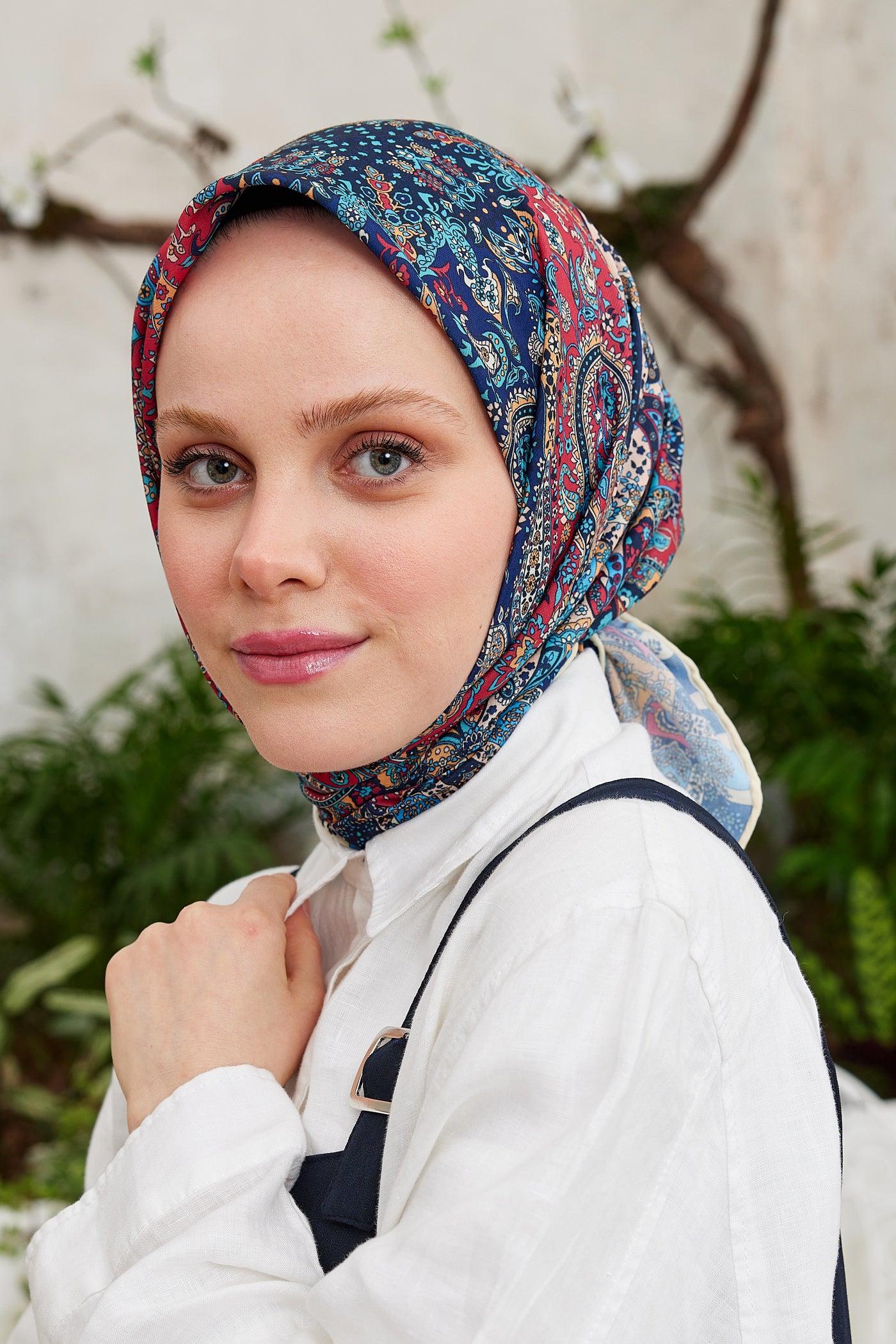 Tesettür Giyim - Pro Line Etnic Desen Eşarp - Kırmızı - Lacivert - Emproyal