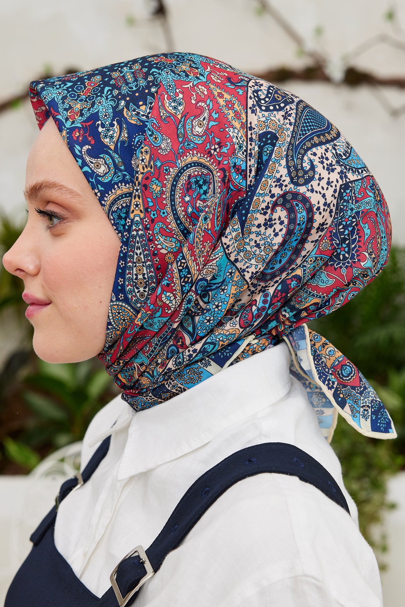 Tesettür Giyim - Pro Line Etnic Desen Eşarp - Kırmızı - Lacivert - Emproyal