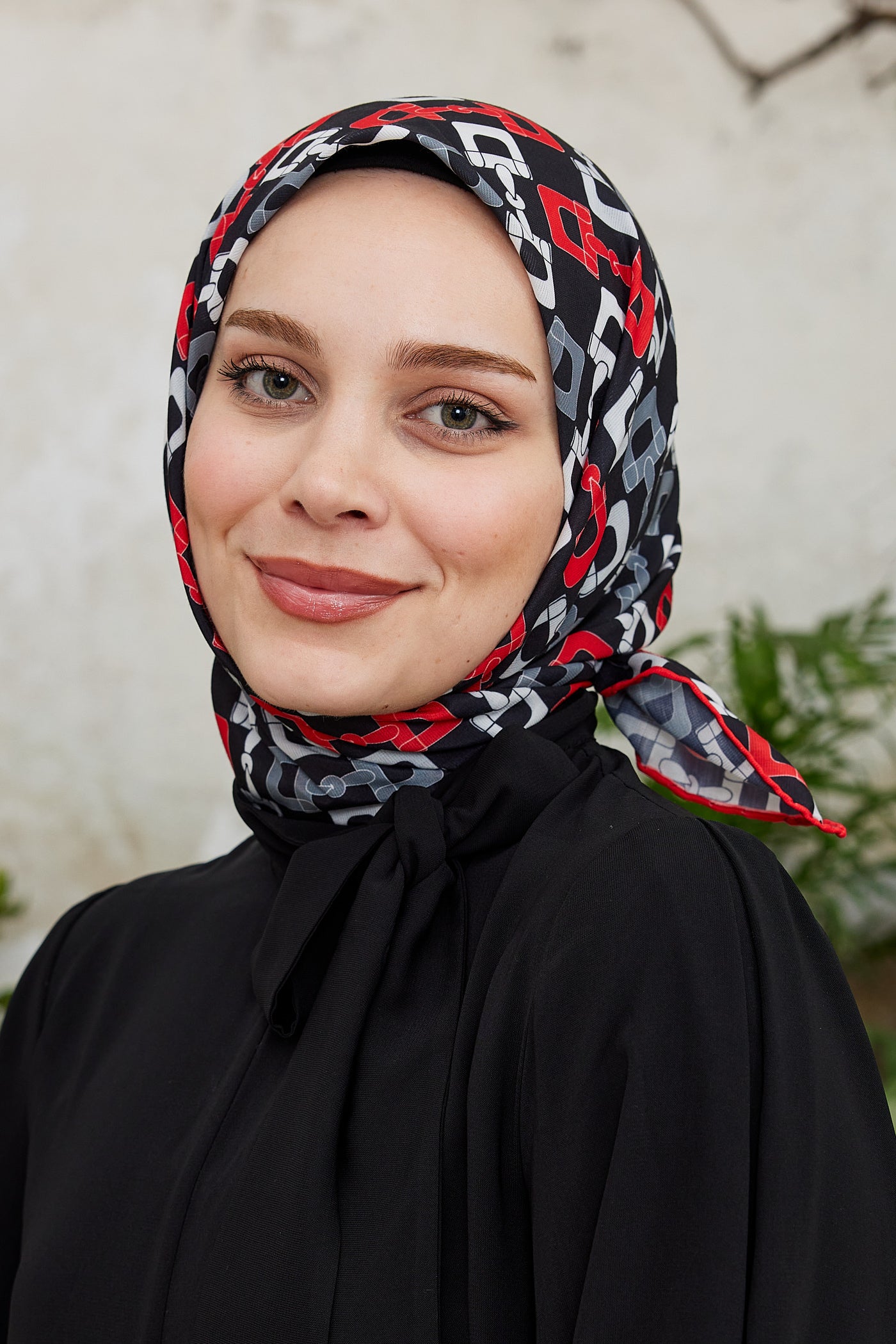 Tesettür Giyim - Pro Line Zincir Desen Eşarp - Kırmızı - Füme - Emproyal