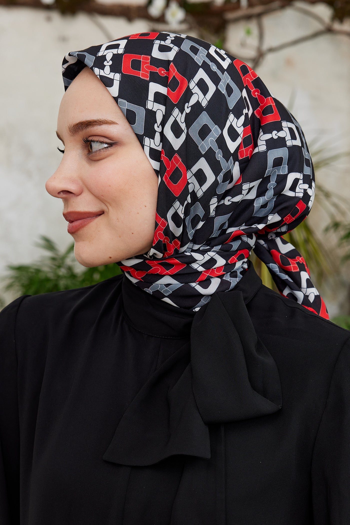 Tesettür Giyim - Pro Line Zincir Desen Eşarp - Kırmızı - Füme - Emproyal