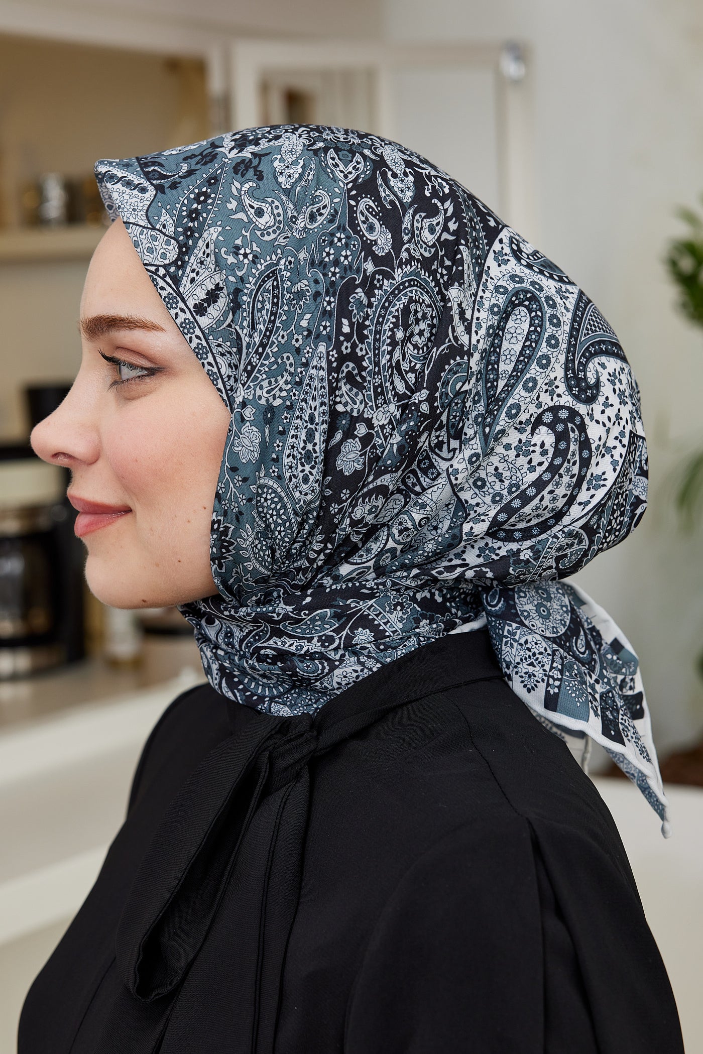 Tesettür Giyim - Pro Line Etnic Desen Eşarp - Siyah - Füme - Emproyal