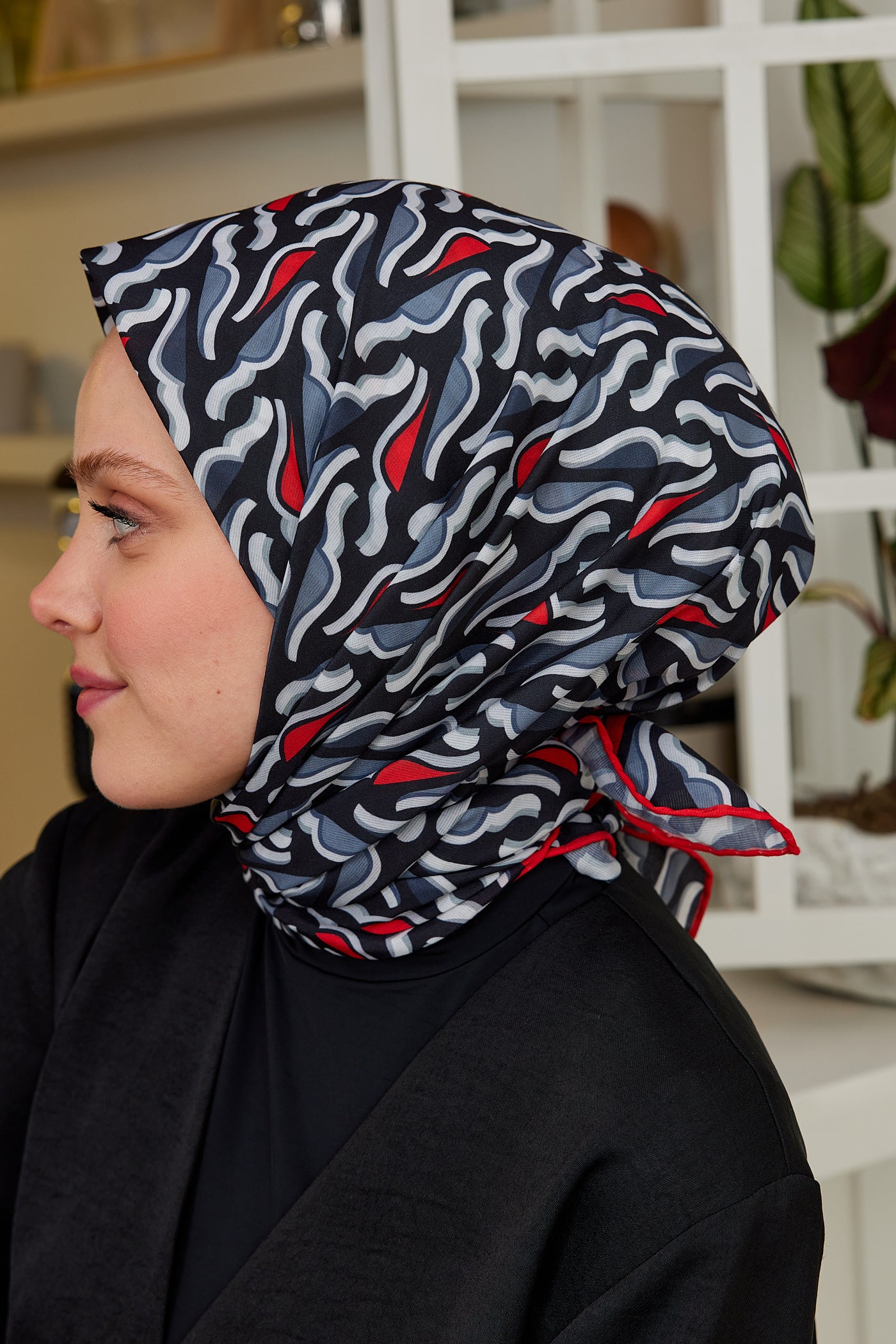 Tesettür Giyim - Pro Line Nancy Desen Eşarp - Kırmızı - Füme - Emproyal