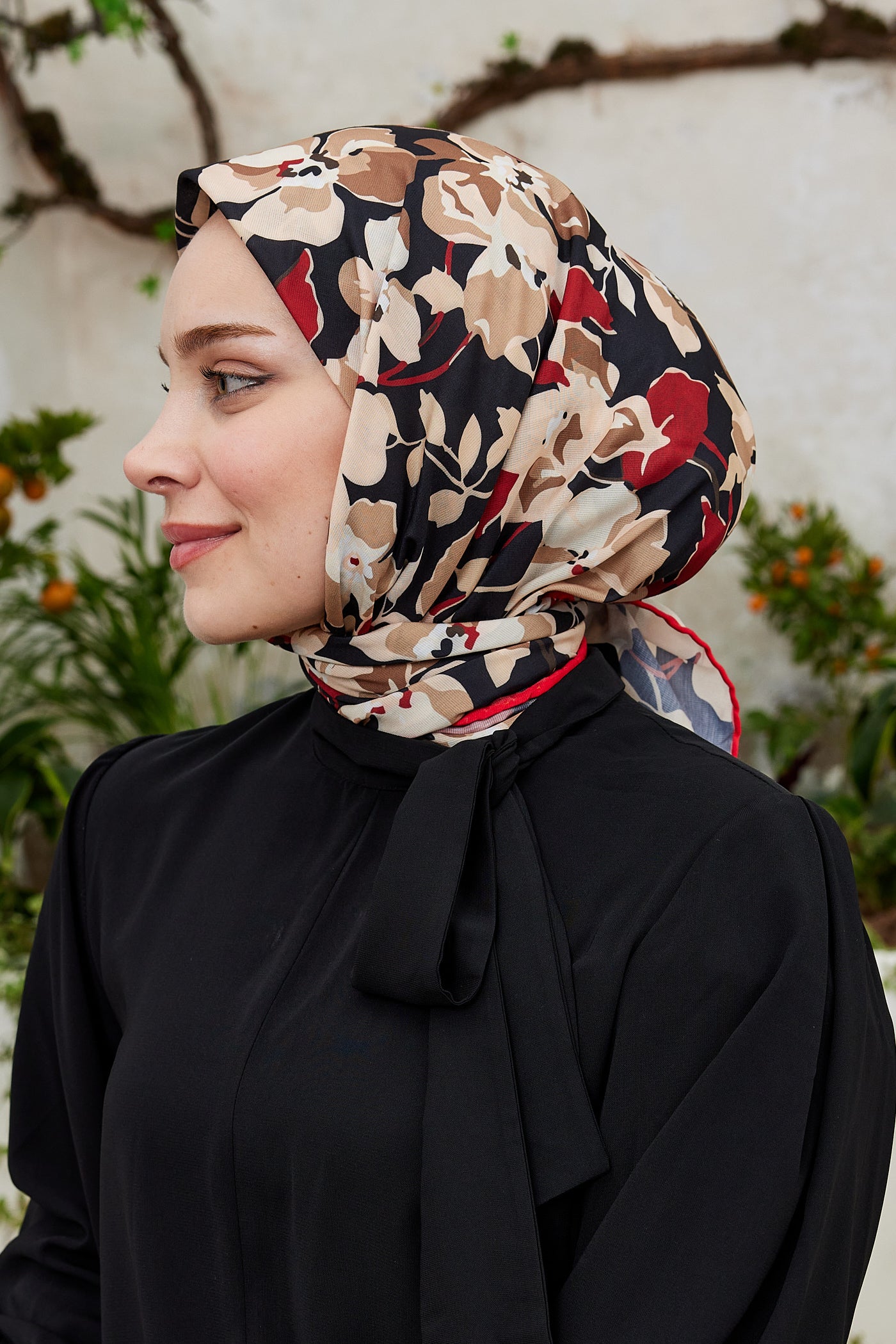 Tesettür Giyim - Pro Line Grace Desen Eşarp - Kırmızı - Bej - Emproyal