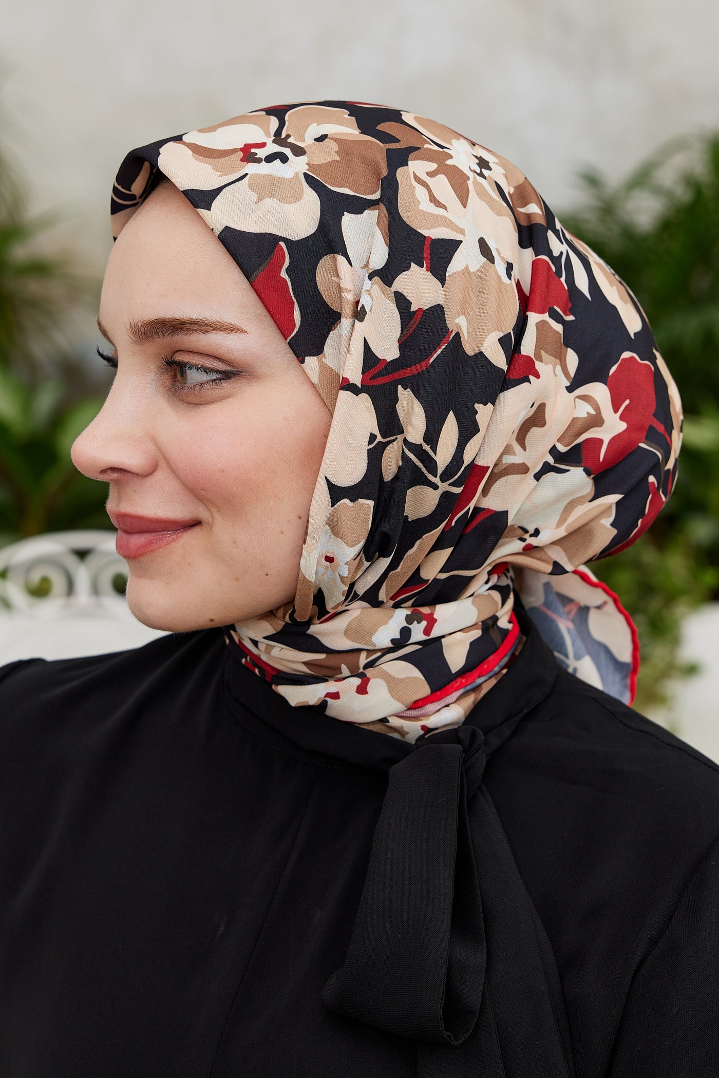 Tesettür Giyim - Pro Line Grace Desen Eşarp - Kırmızı - Bej - Emproyal