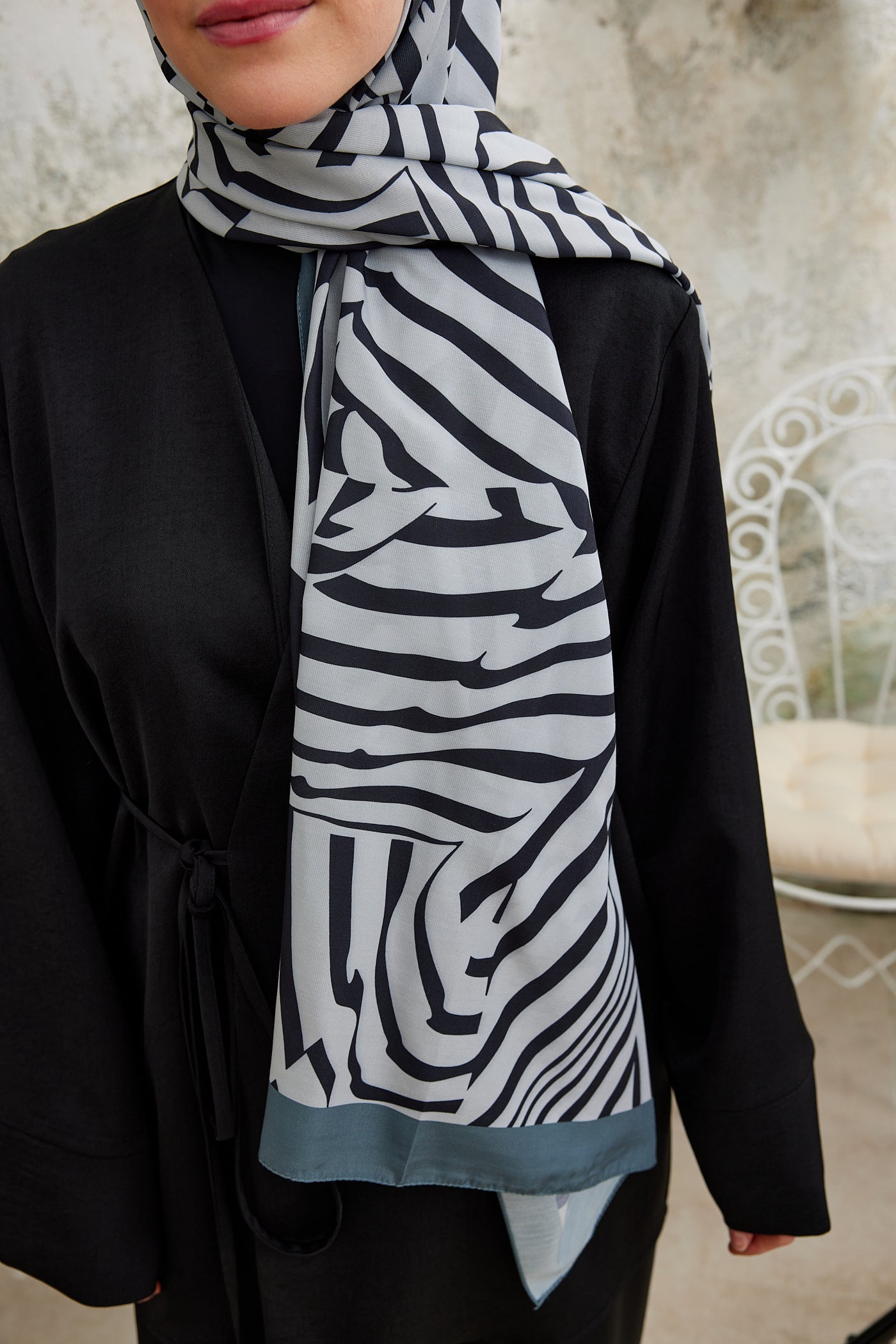 Tesettür Giyim - Pro Line Zebra Desen Şal - Gri - Siyah - Emproyal