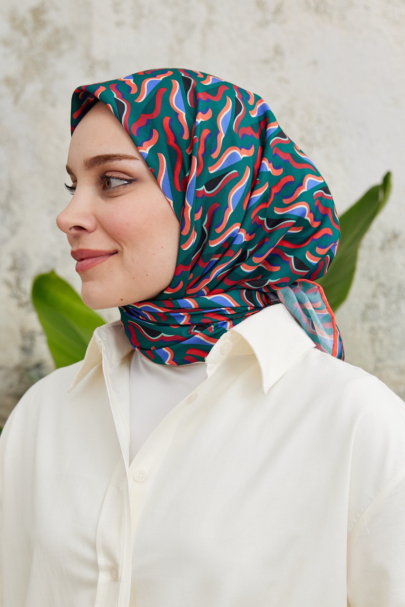 Tesettür Giyim - Pro Line Nancy Desen Eşarp - Turuncu - Yeşil - Emproyal