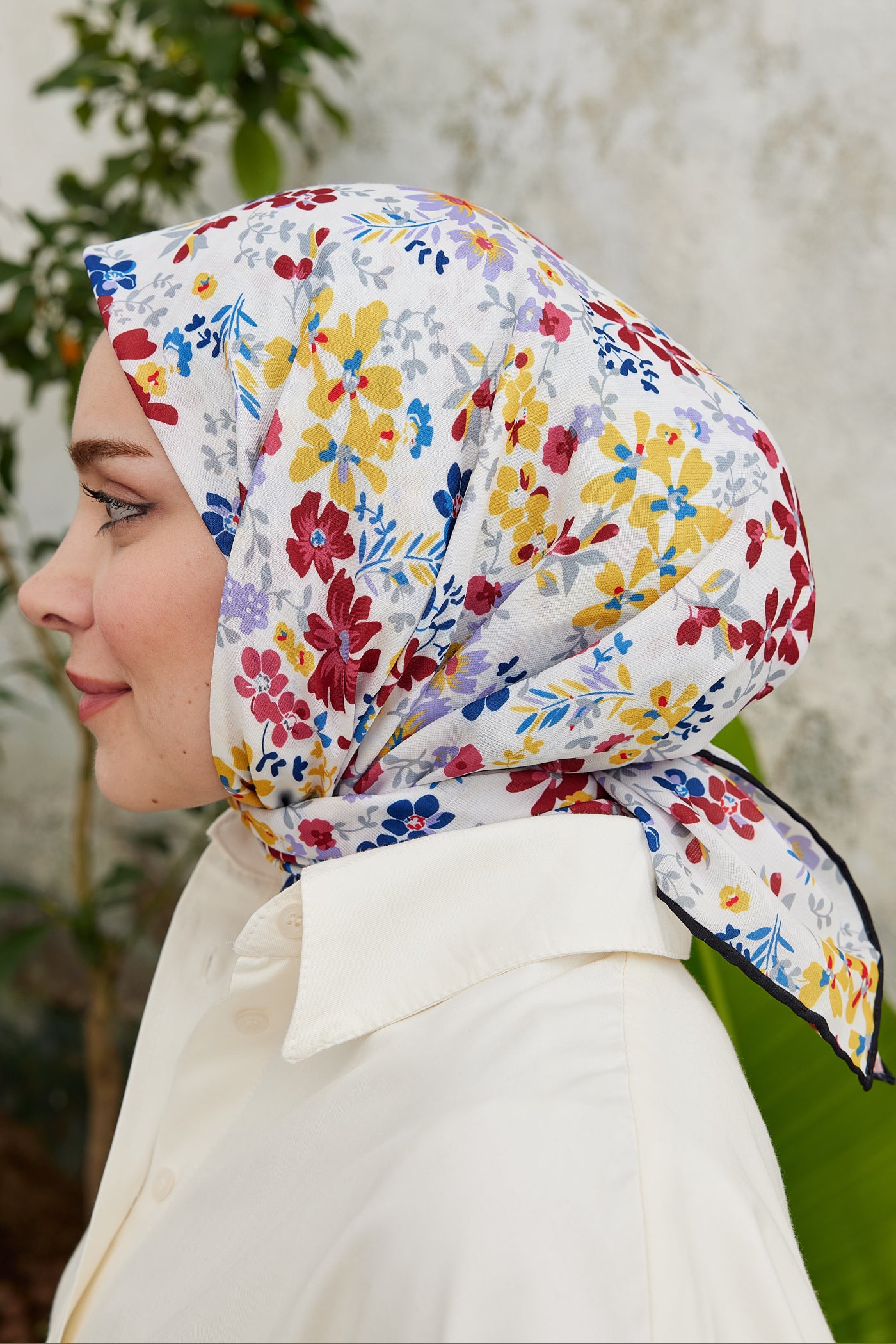 Tesettür Giyim - Pro Line Rosaline Desen Eşarp - Sarı - Kırmızı - Emproyal