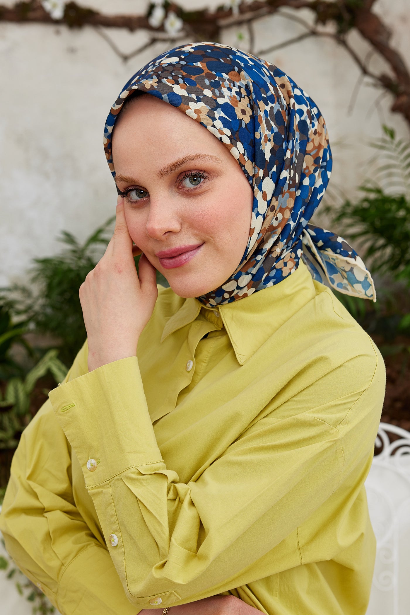 Tesettür Giyim - Pro Line Lavin Desen Eşarp - Kahverengi - Lacivert - Emproyal