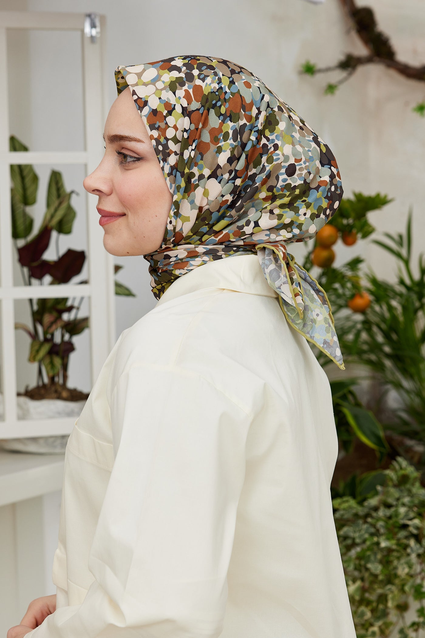 Tesettür Giyim - Pro Line Lavin Desen Eşarp - Yağ Yeşil - Kahverengi - Emproyal