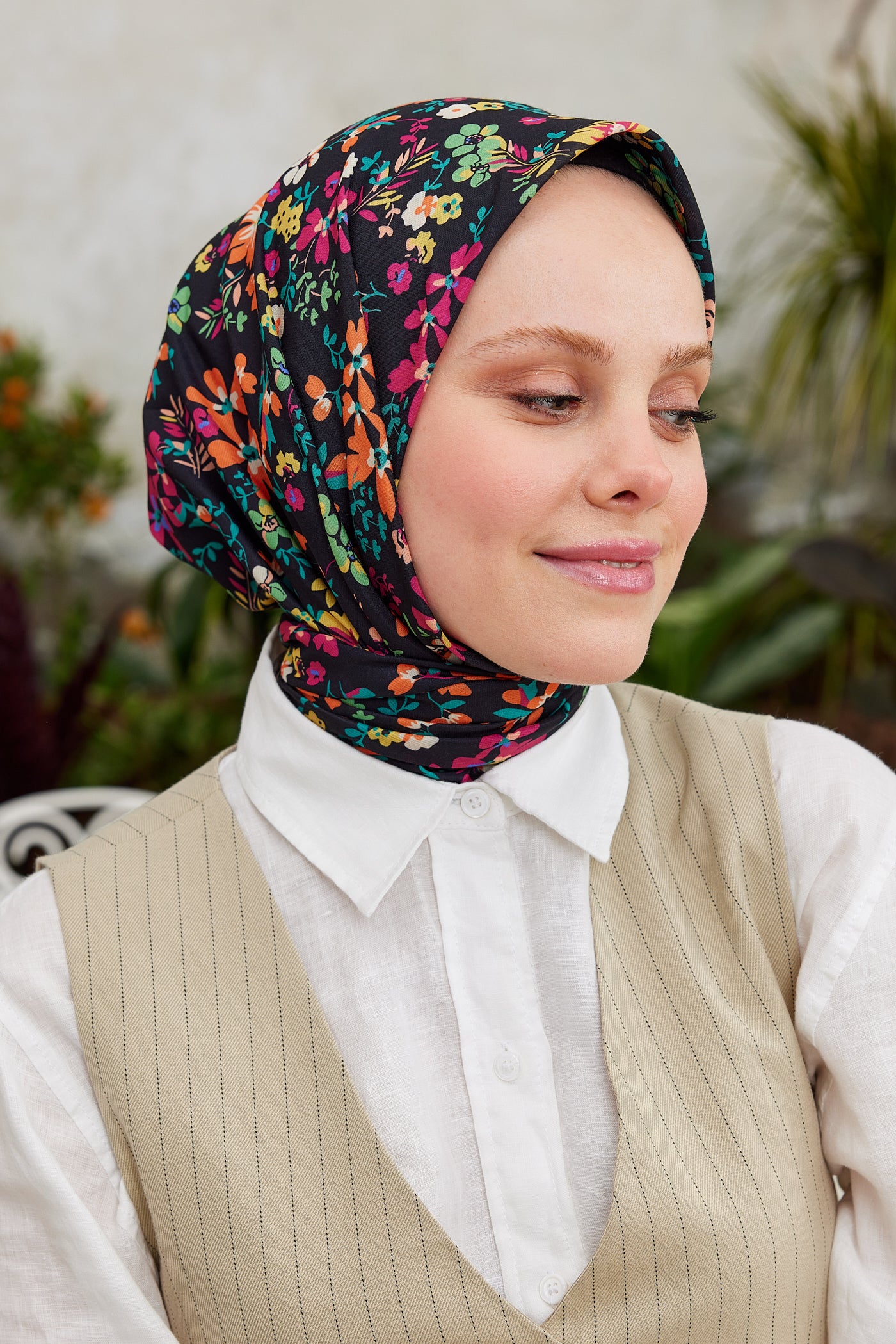 Tesettür Giyim - Pro Line Rosaline Desen Eşarp - Fuşya - Turuncu - Emproyal