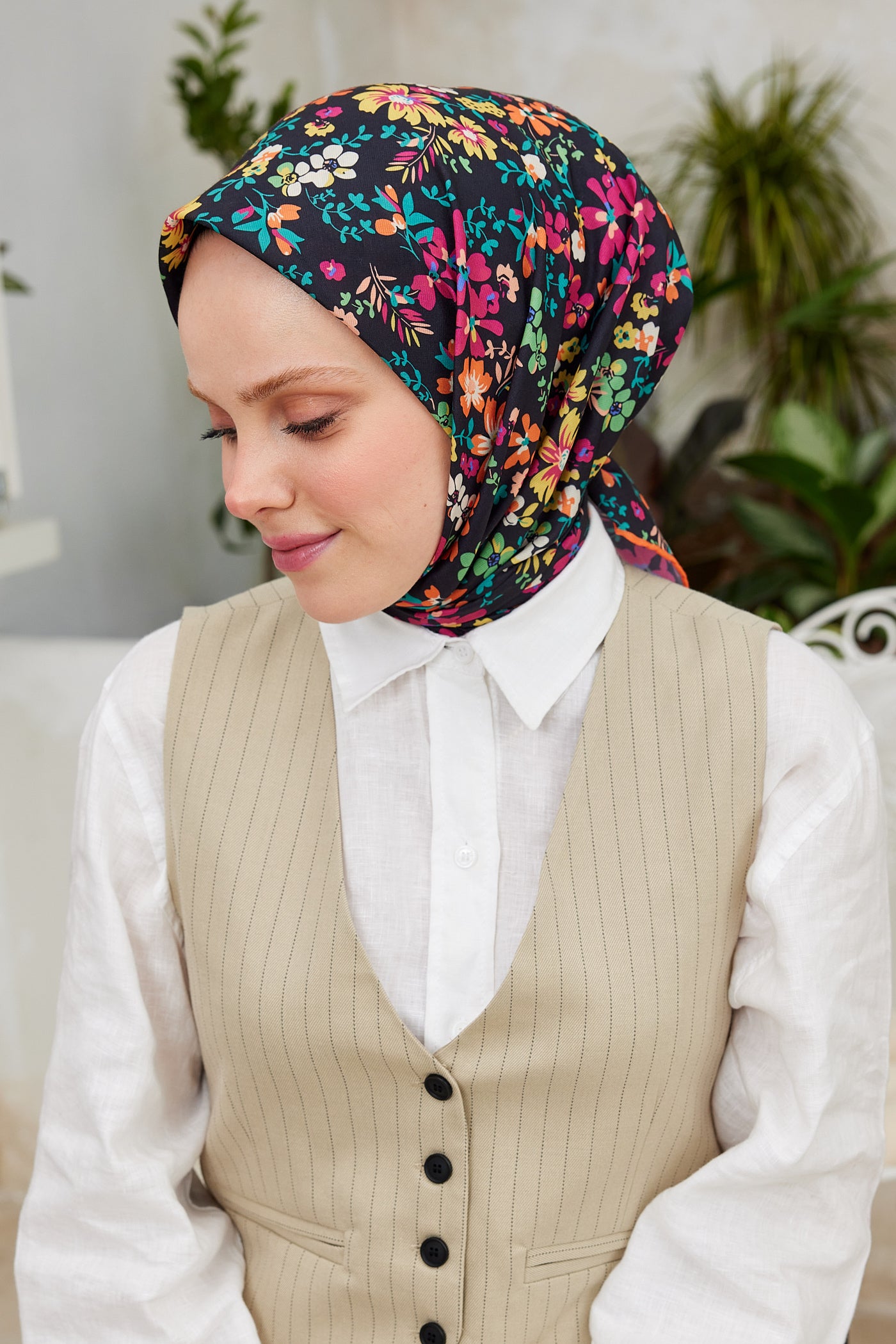 Tesettür Giyim - Pro Line Rosaline Desen Eşarp - Fuşya - Turuncu - Emproyal