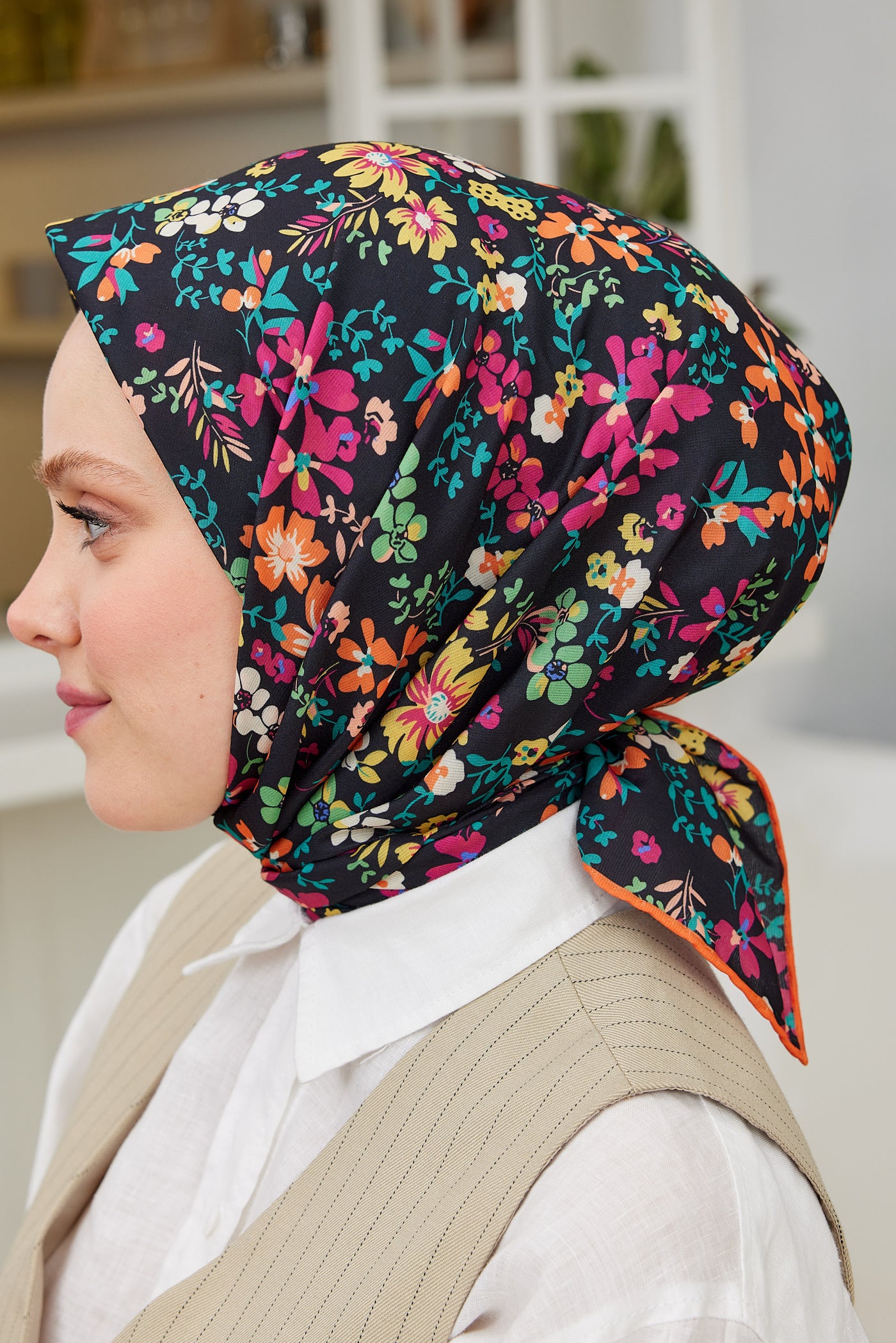 Tesettür Giyim - Pro Line Rosaline Desen Eşarp - Fuşya - Turuncu - Emproyal