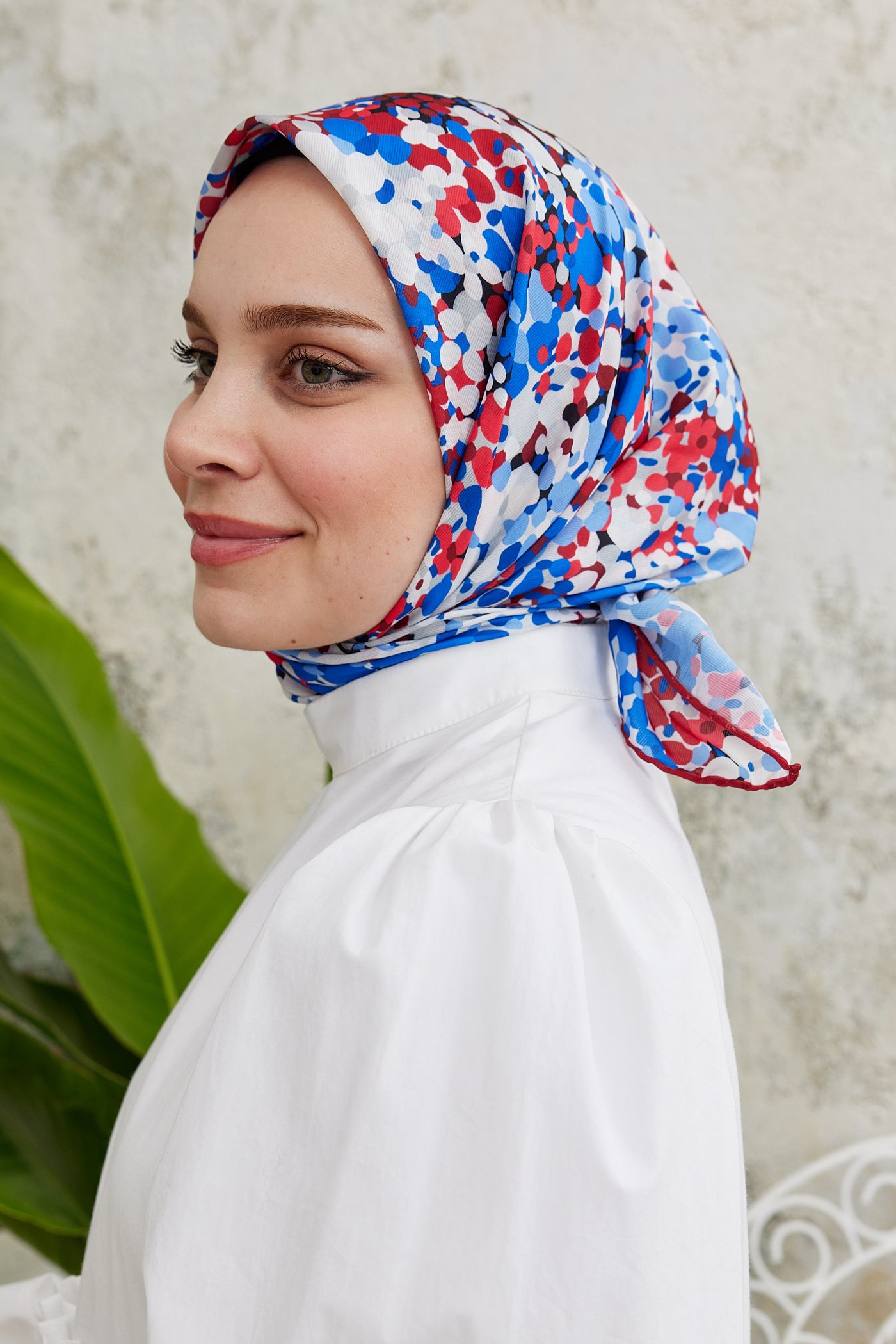 Tesettür Giyim - Pro Line Lavin Desen Eşarp - Kırmızı - İndigo - Emproyal